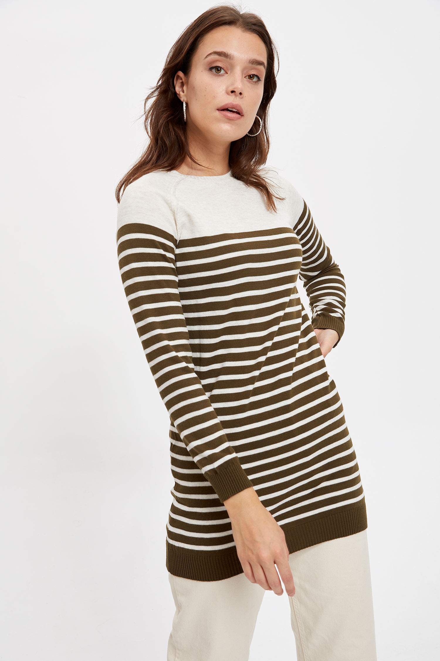 Regular Fit Bisiklet Yaka Çizgili Triko Tunik