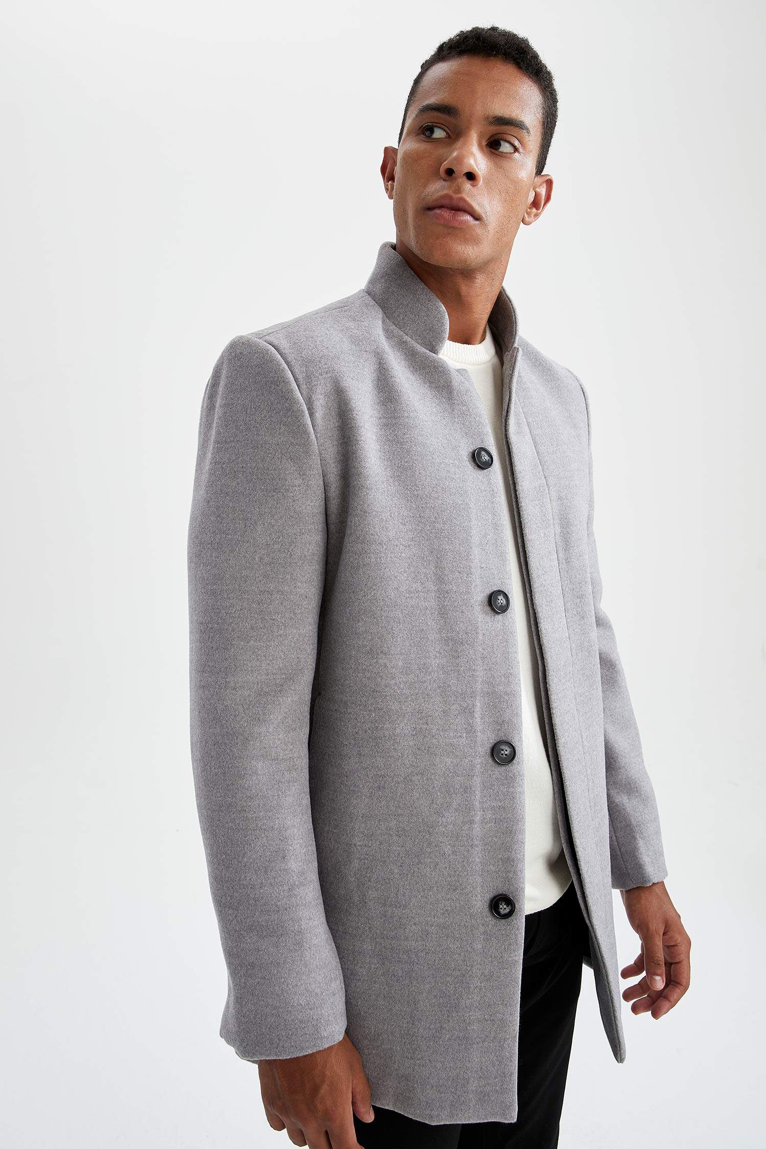Slim Fit Dik Yaka Kaşe Kaban
