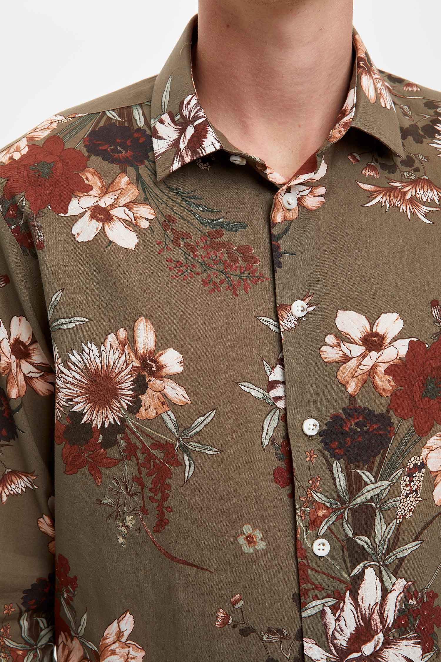 Çiçek Desenli Uzun Kollu Slim Fit Gömlek
