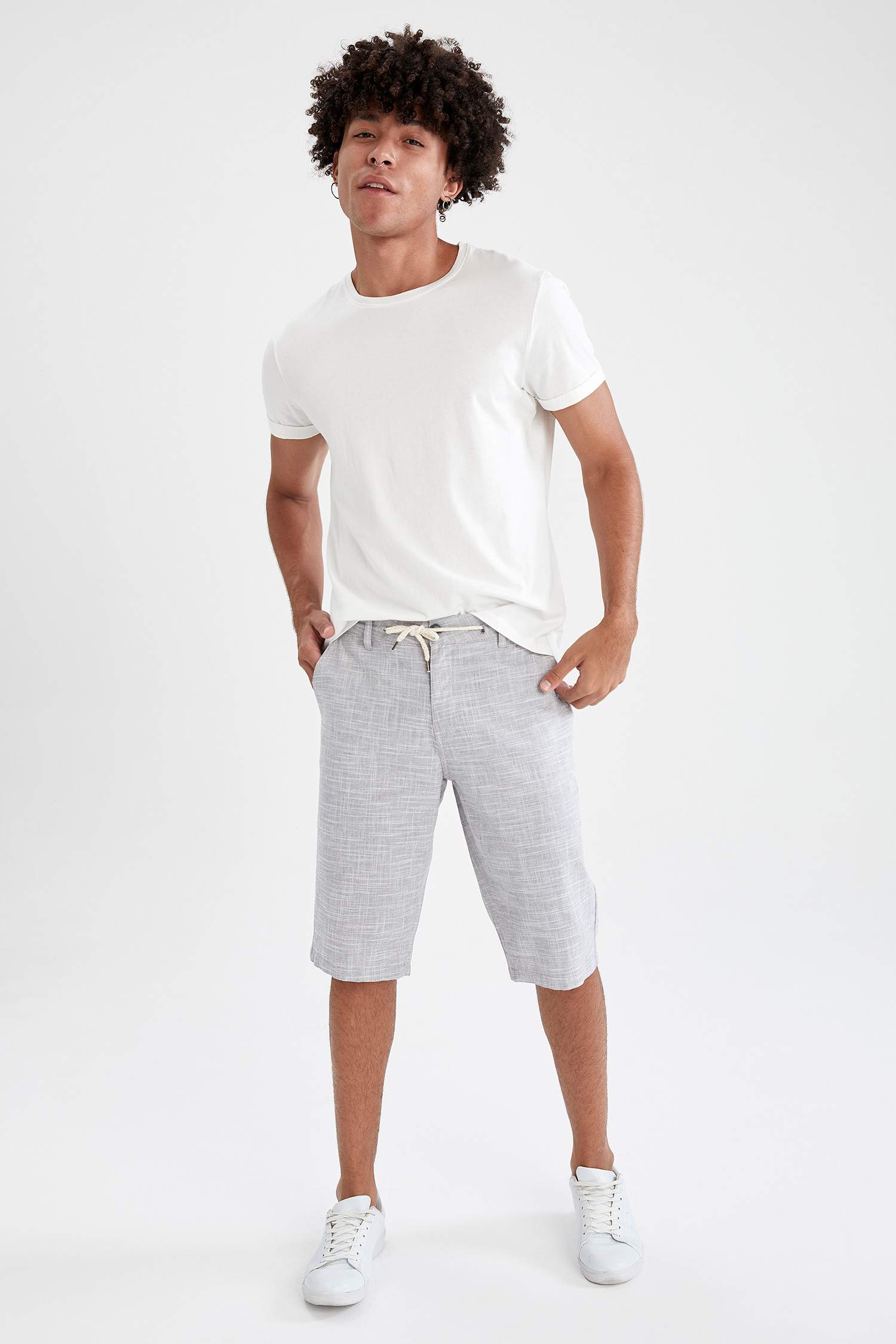 Regular Fit Bağcıklı Keten Bermuda Şort