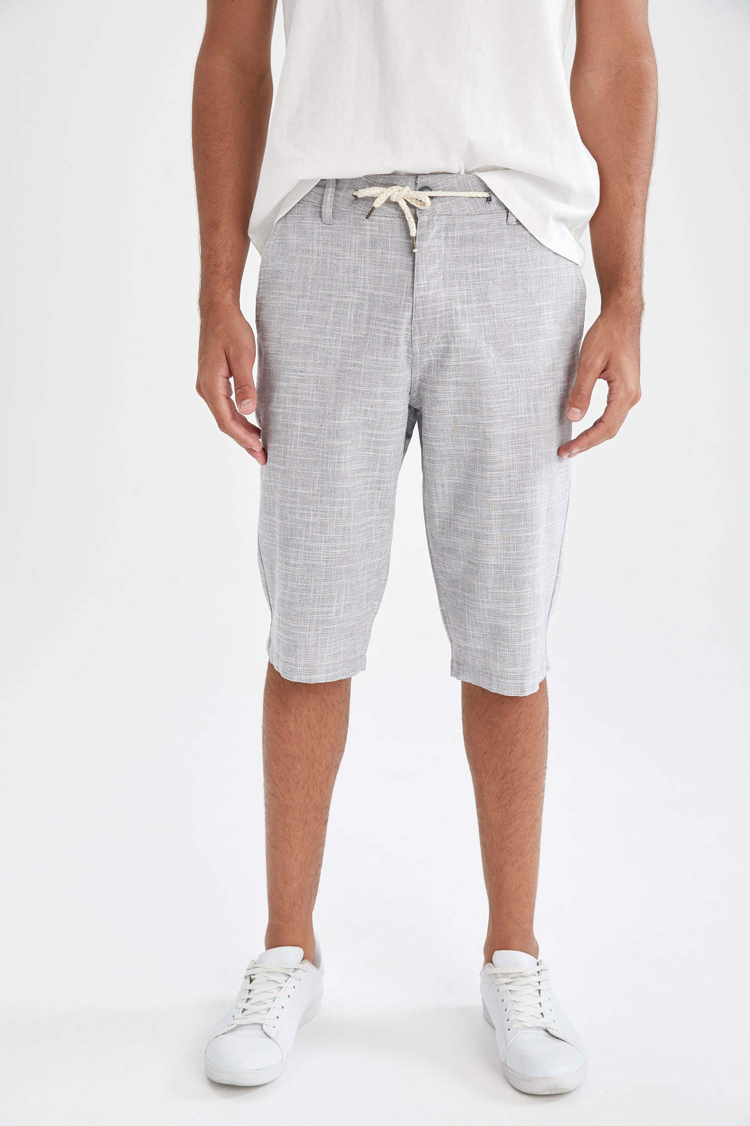 Regular Fit Bağcıklı Keten Bermuda Şort