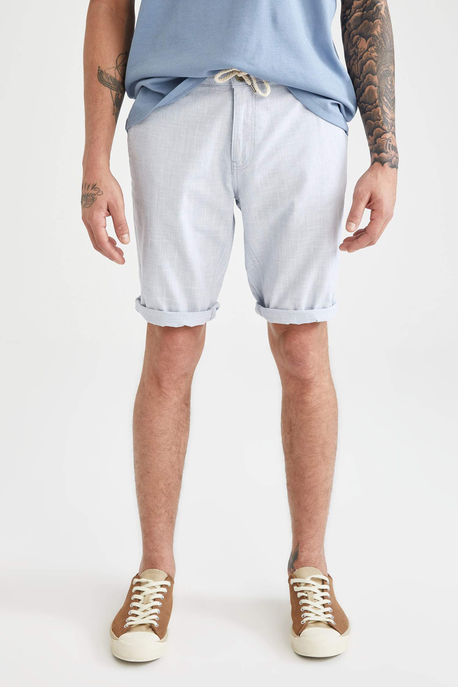Regular Fit Bağcıklı Keten Bermuda Şort