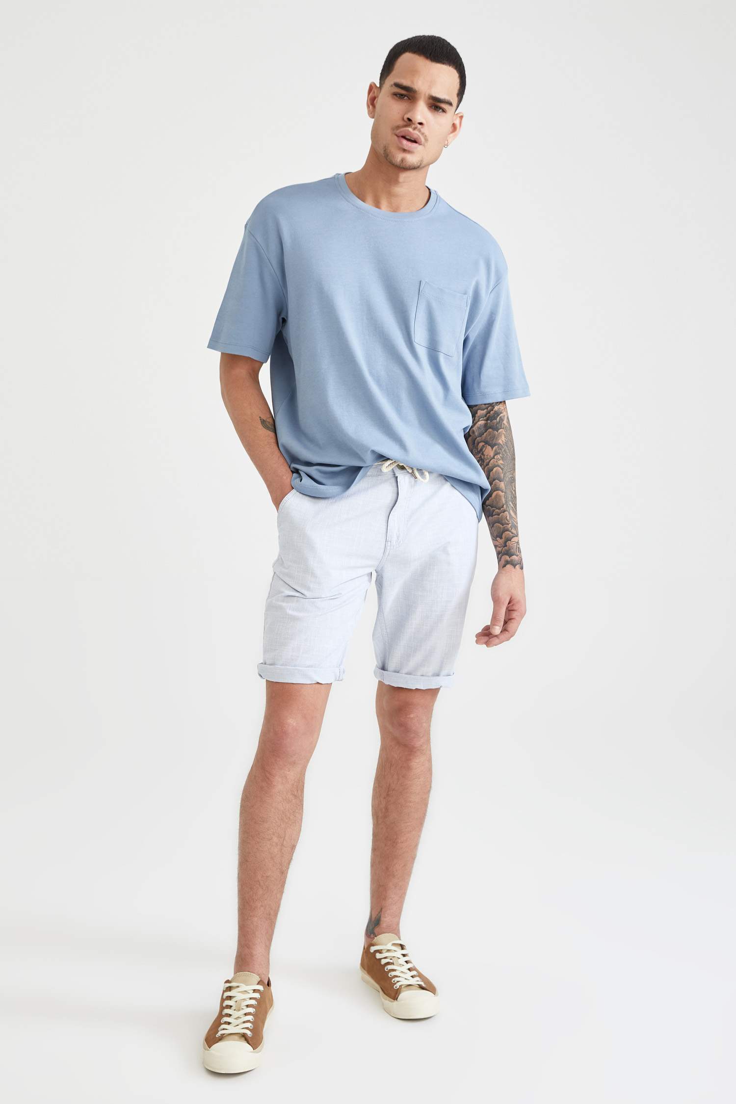 Regular Fit Bağcıklı Keten Bermuda Şort