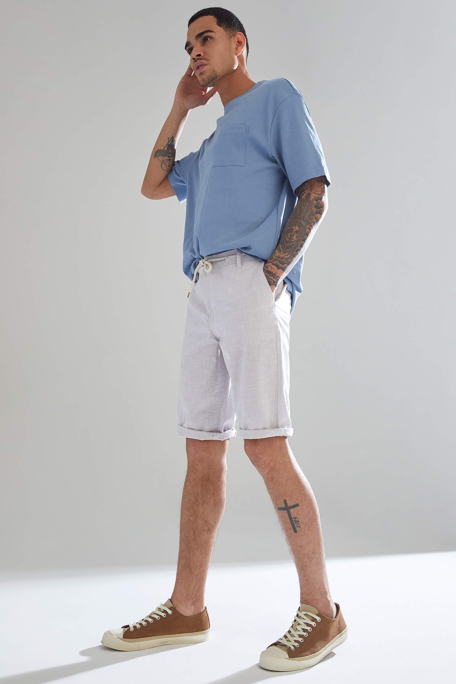 Regular Fit Bağcıklı Keten Bermuda Şort