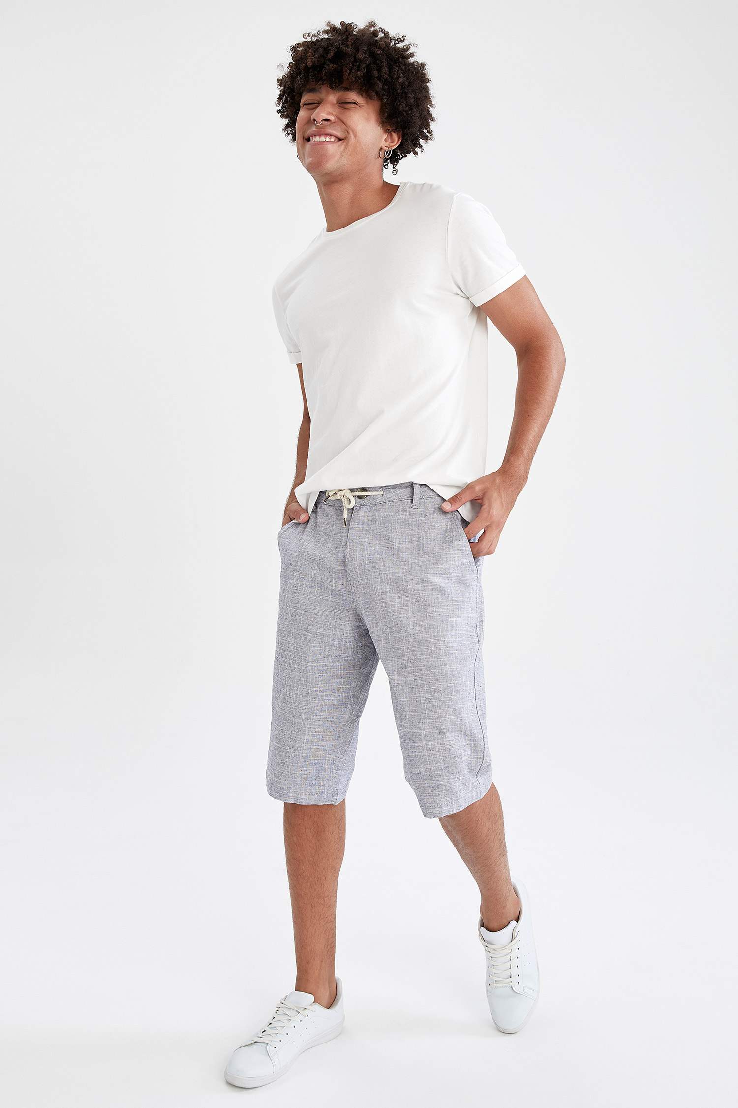 Regular Fit Bağcıklı Keten Bermuda Şort