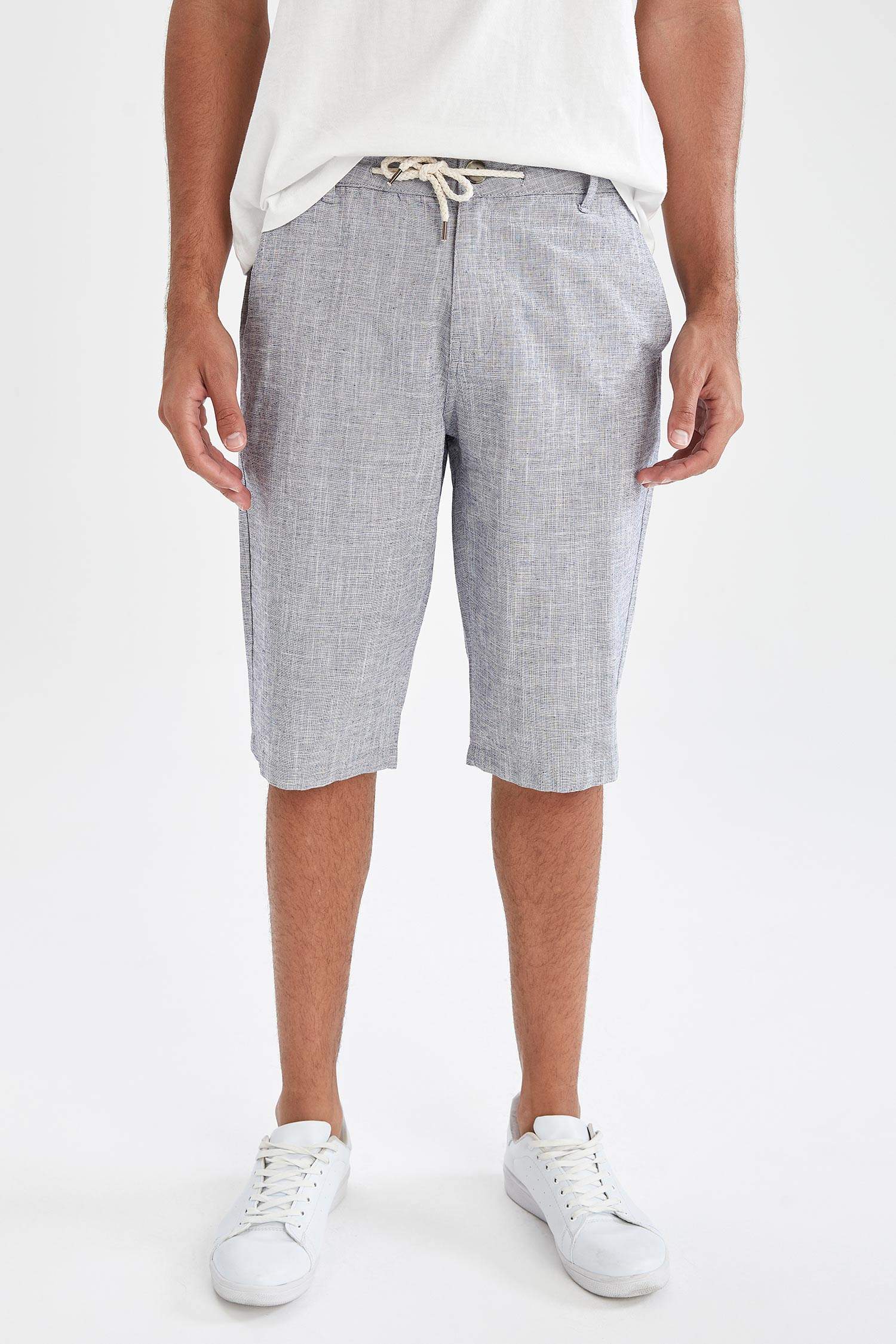 Regular Fit Bağcıklı Keten Bermuda Şort