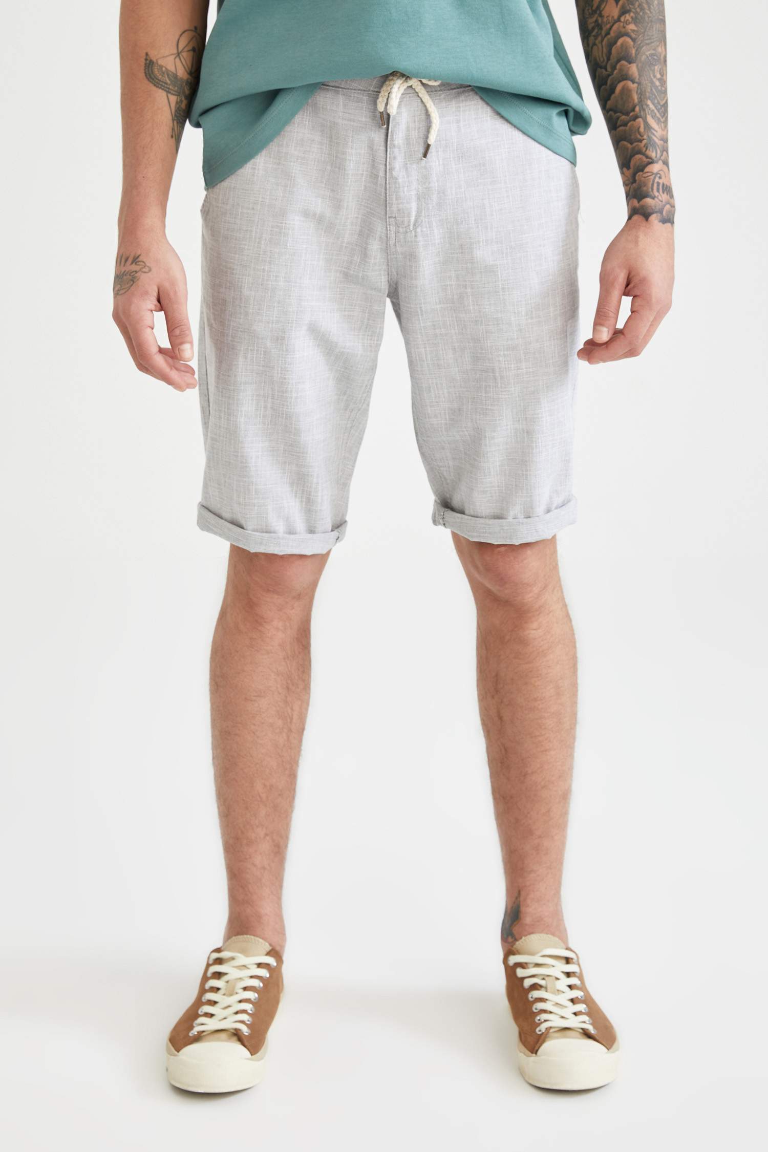 Regular Fit Bağcıklı Keten Bermuda Şort