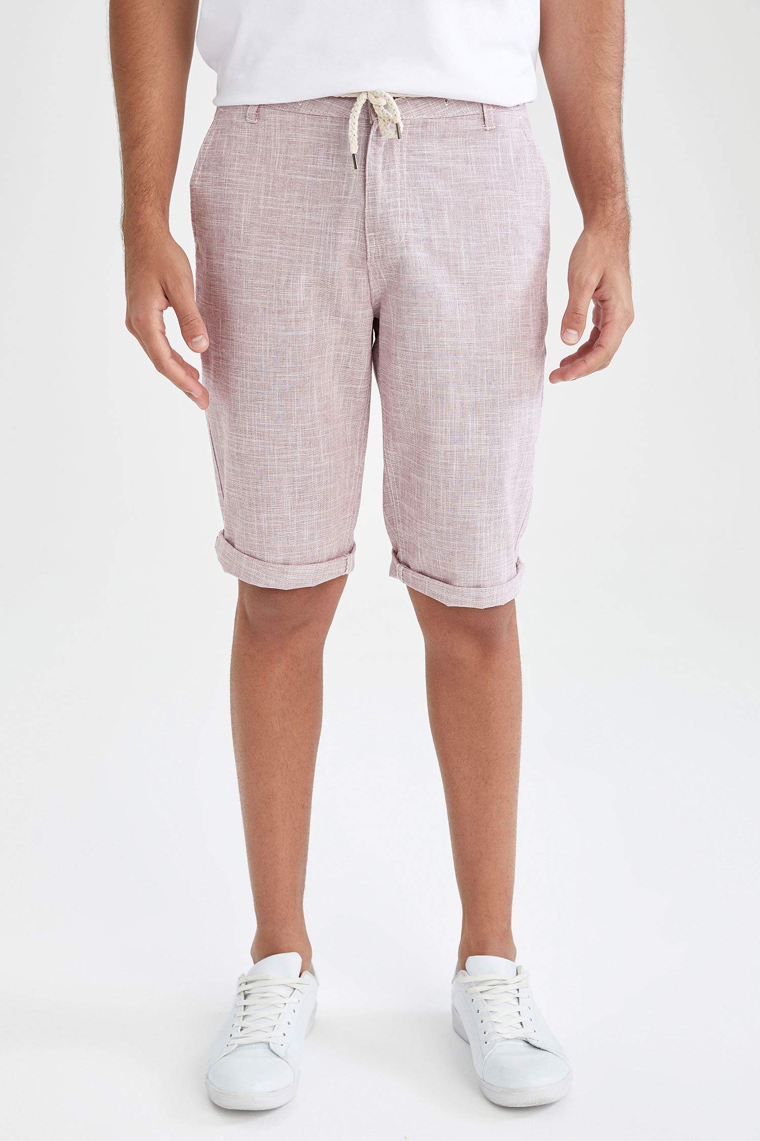 Regular Fit Bağcıklı Keten Bermuda Şort