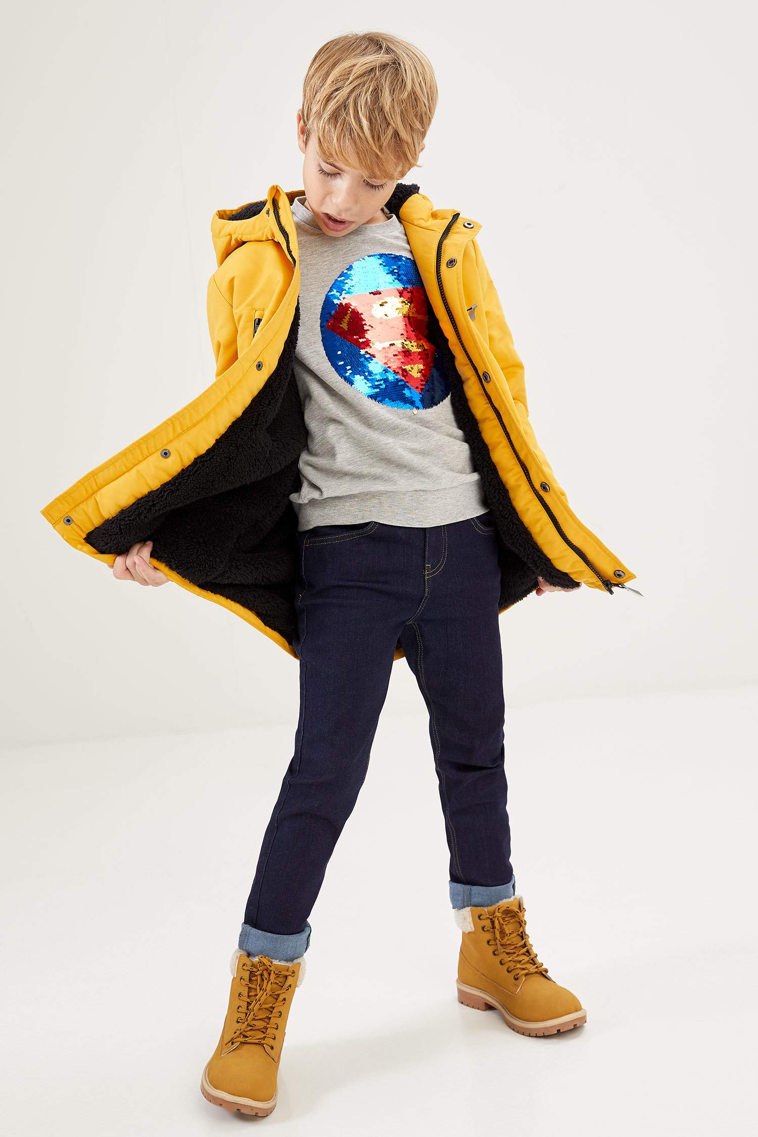 Erkek Çocuk Regular Fit Kapüşonlu Peluş Mont Parka