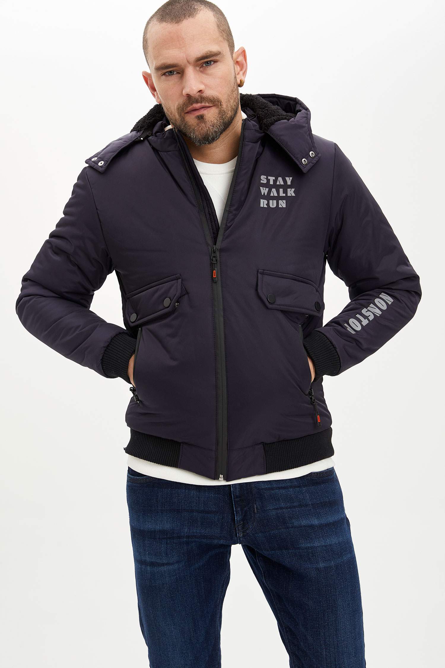 Slim Fit Kapüşonlu İçi Polar Reflektör Detaylı Kalın Mont
