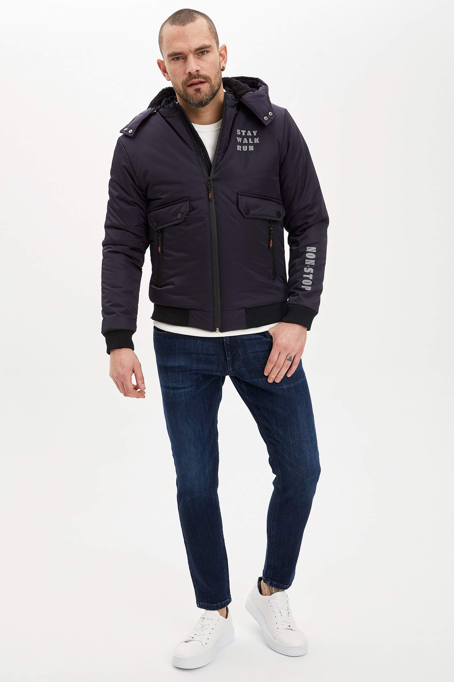Slim Fit Kapüşonlu İçi Polar Reflektör Detaylı Kalın Mont