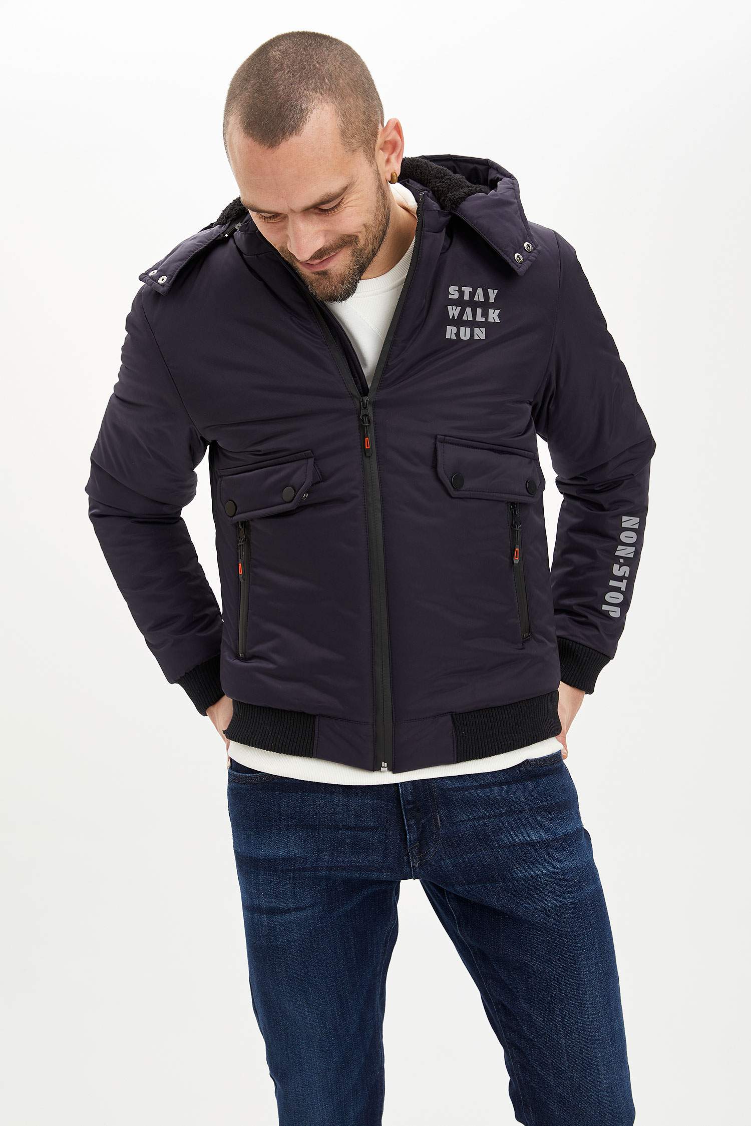 Slim Fit Kapüşonlu İçi Polar Reflektör Detaylı Kalın Mont