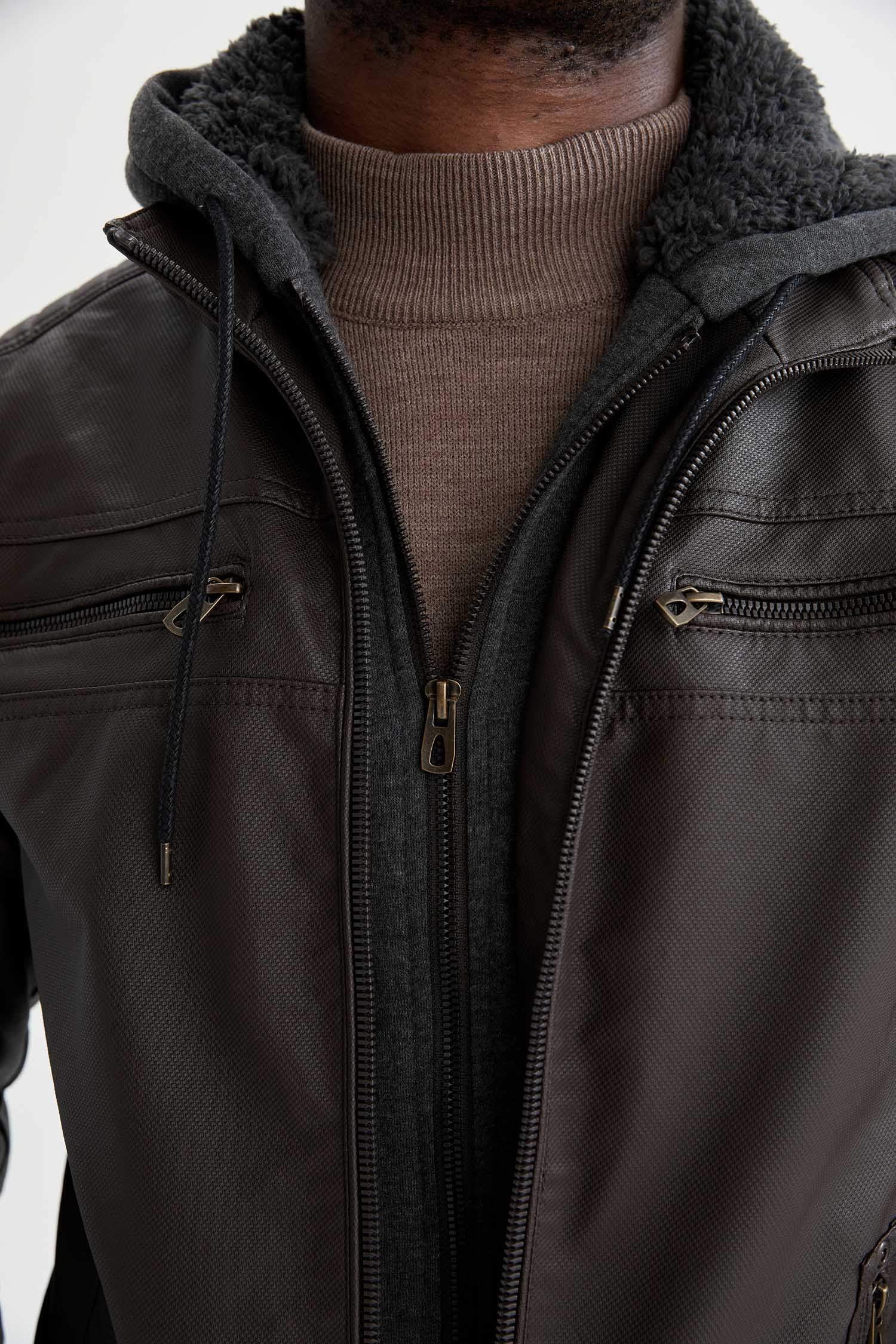 Slim Fit Kapüşonlu İçi Yumuşak Tüylü Suni Deri Mont
