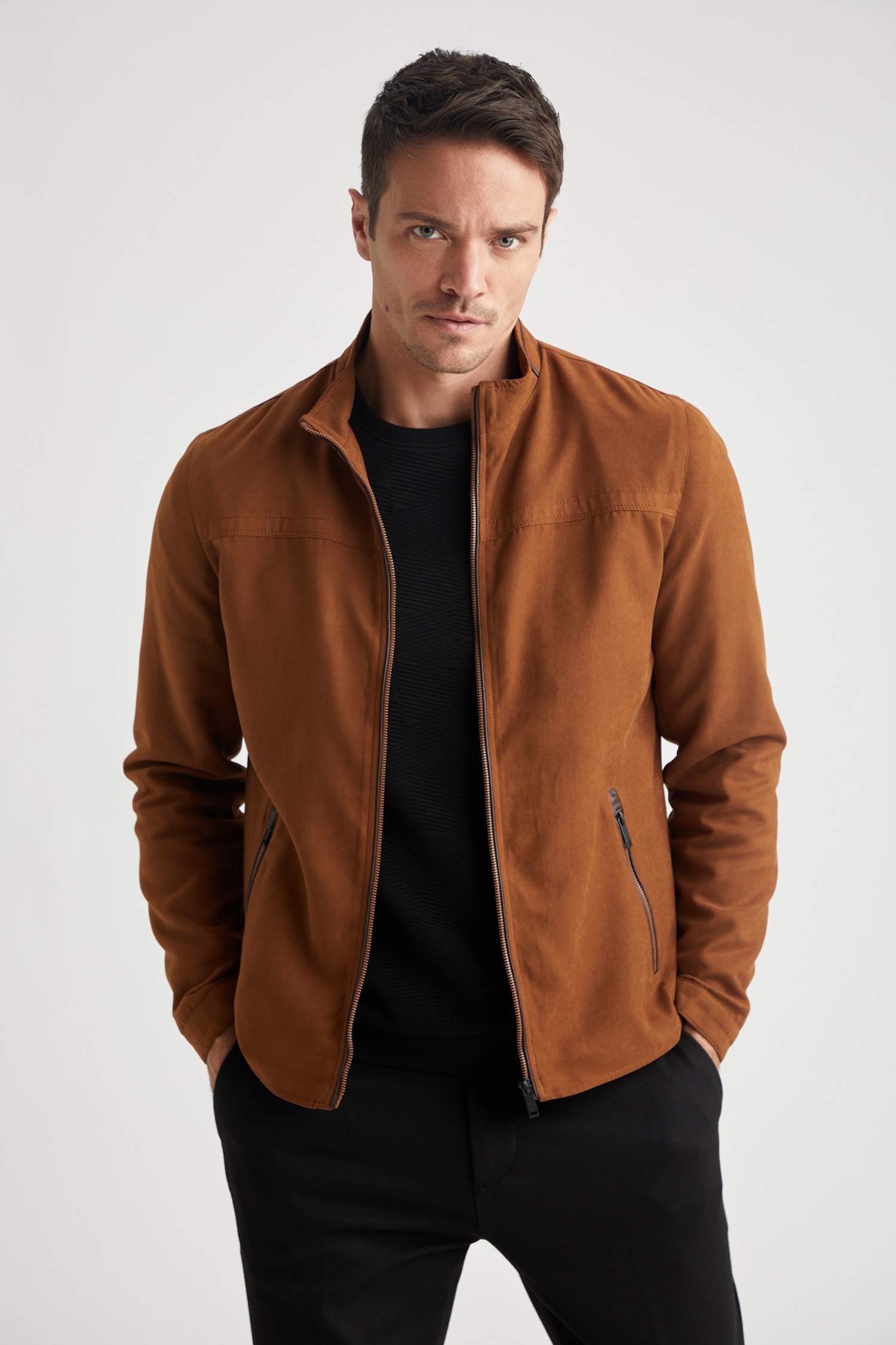 Slim Fit Dik Yaka Süet Mont