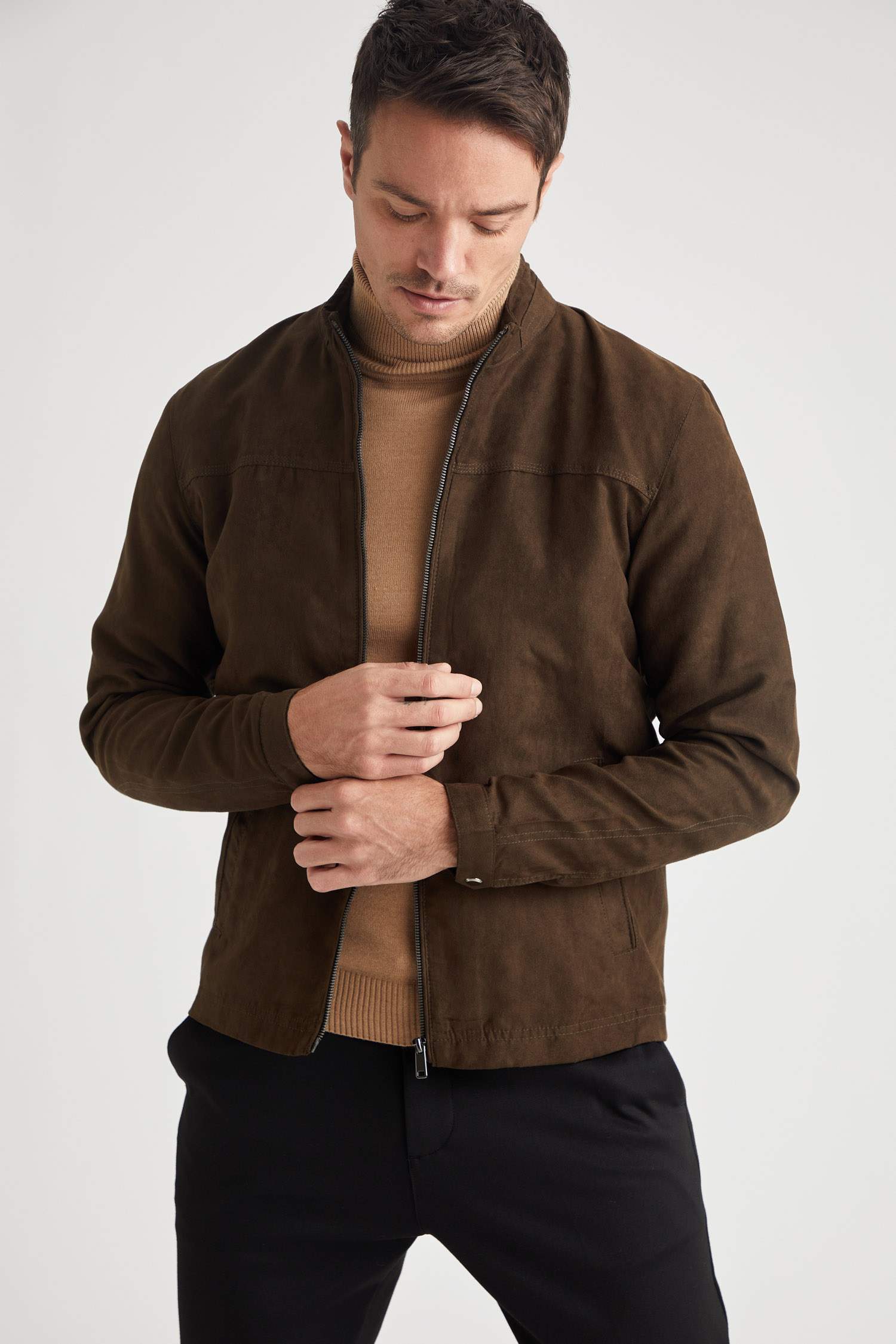 Slim Fit Dik Yaka Süet Mont