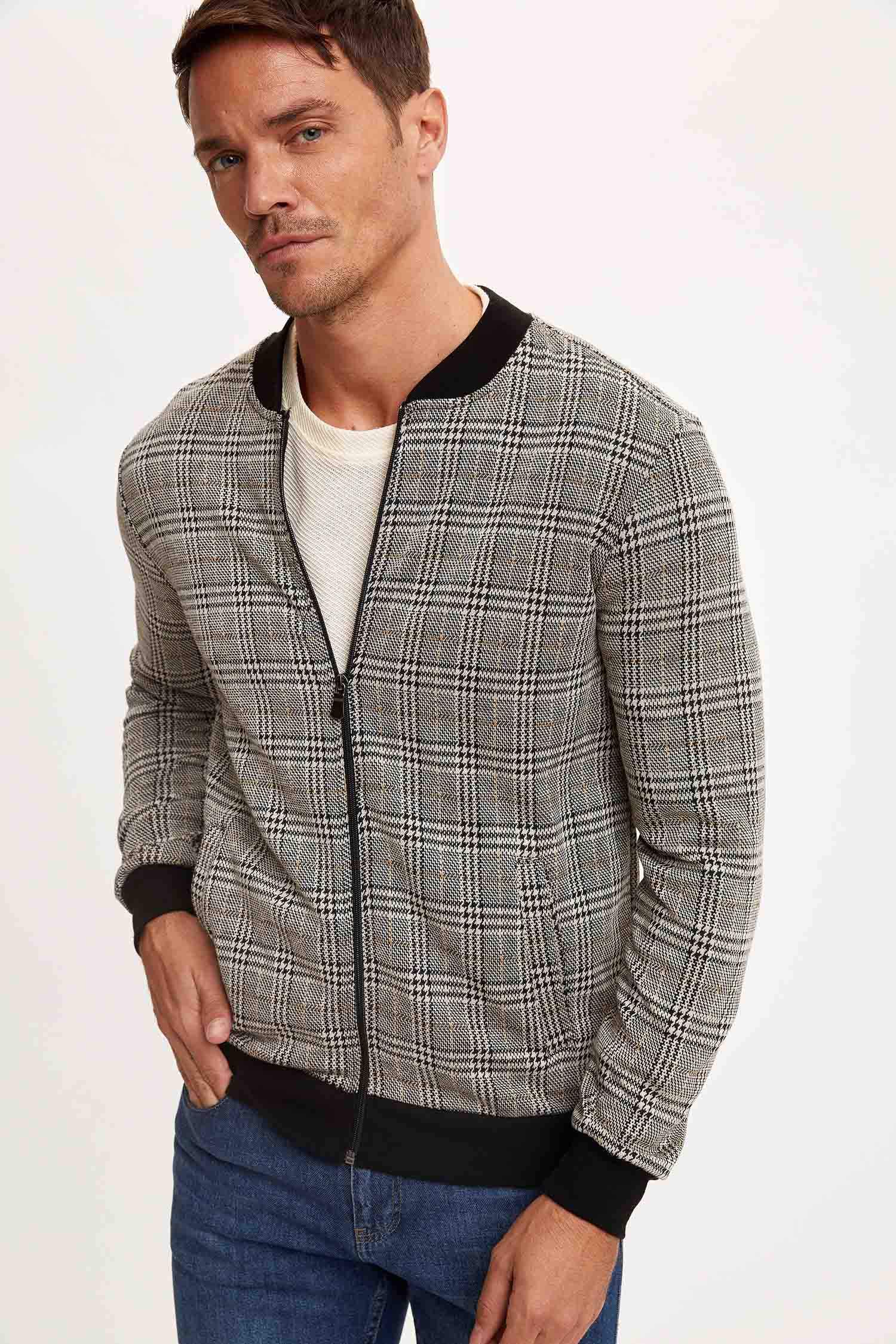 Slim Fit Fermuarlı Kolej Yaka Bomber Hırka
