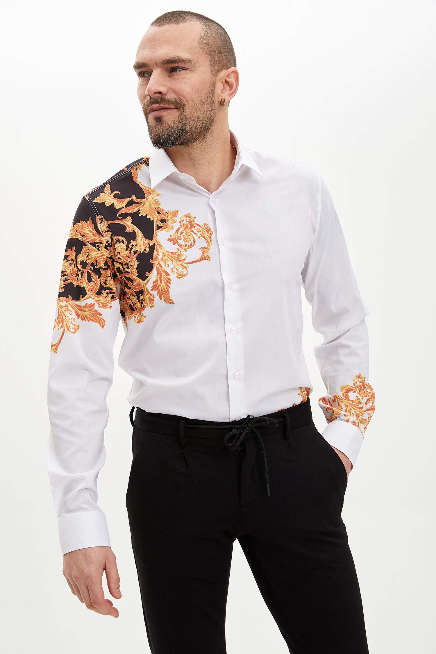 Uzun Kollu Gömlek Triko Slim Fit Baskılı Polo Yaka