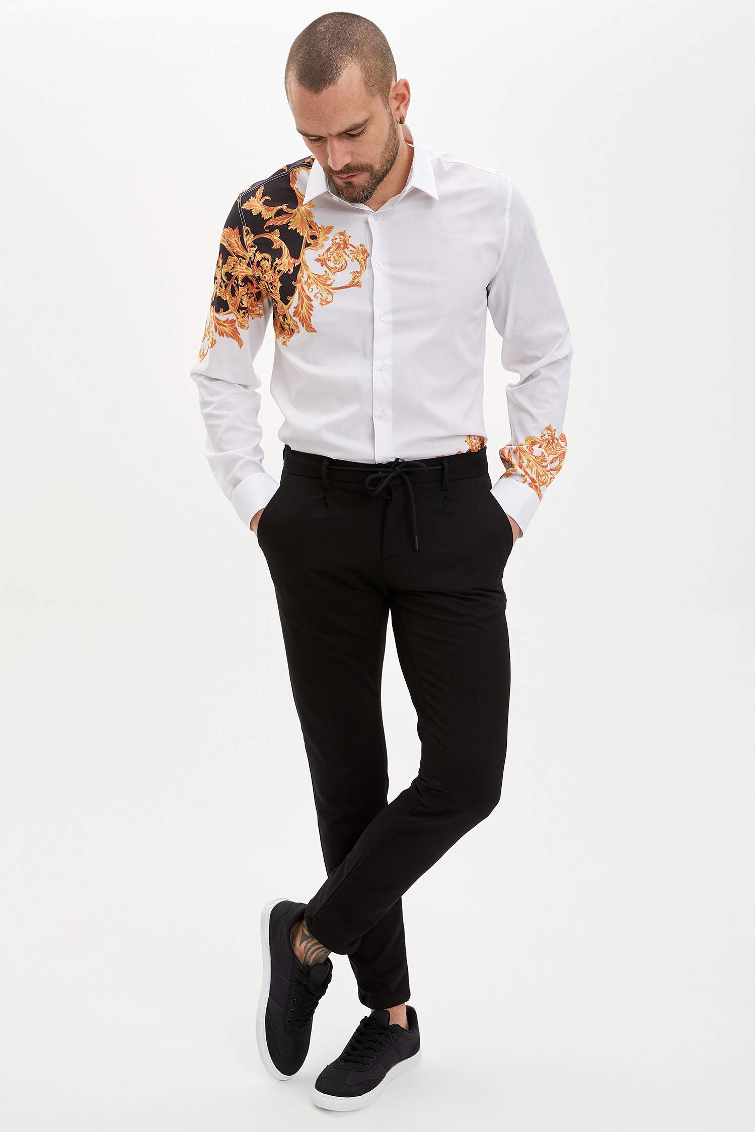 Uzun Kollu Gömlek Triko Slim Fit Baskılı Polo Yaka