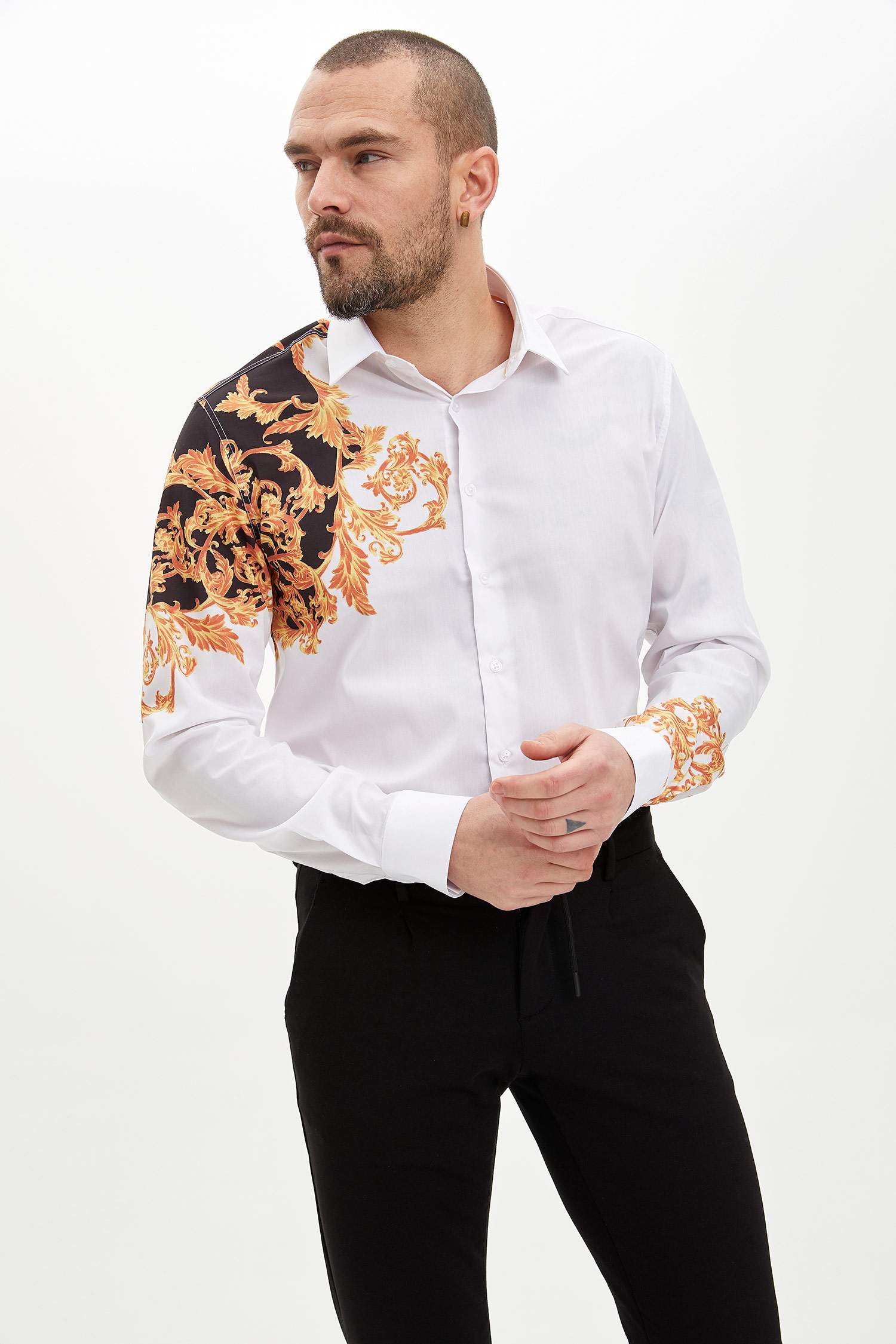 Uzun Kollu Gömlek Triko Slim Fit Baskılı Polo Yaka