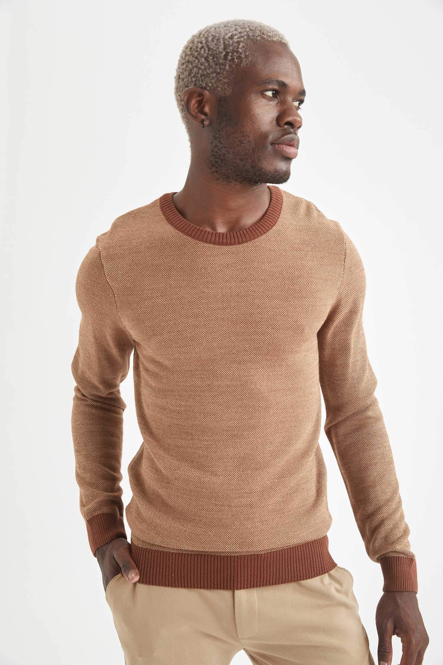 Slim Fit Bisiklet Yaka Yamalı Kol Detaylı Triko Kazak