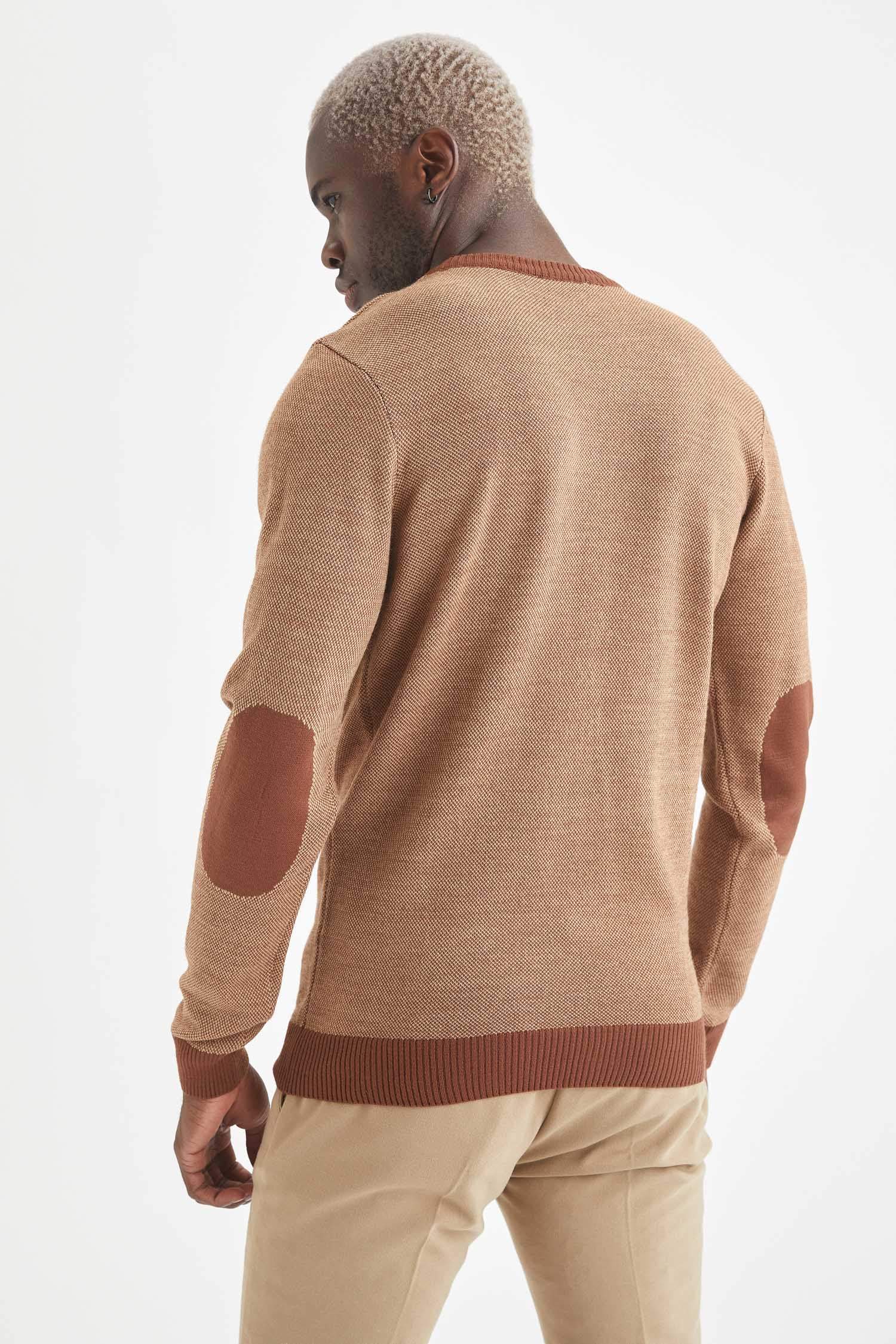 Slim Fit Bisiklet Yaka Yamalı Kol Detaylı Triko Kazak