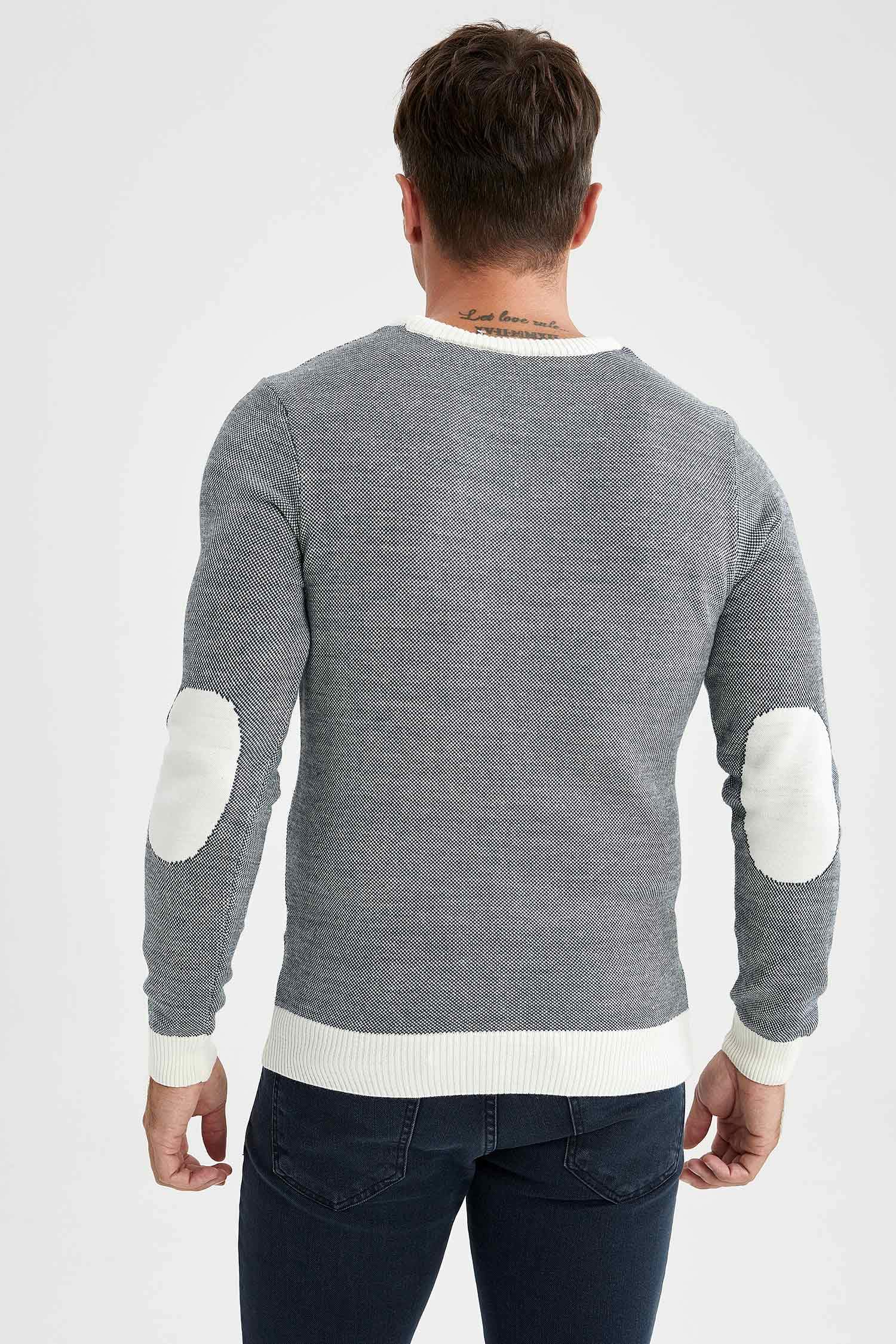 Slim Fit Bisiklet Yaka Yamalı Kol Detaylı Triko Kazak