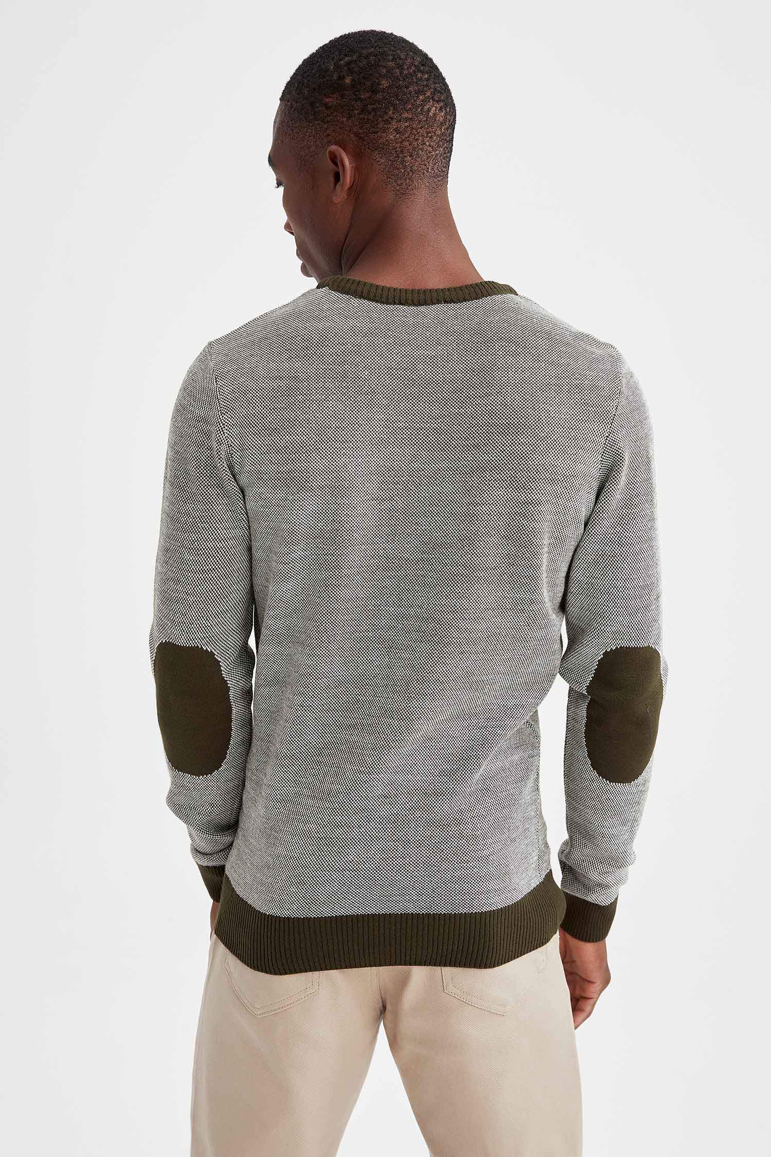 Slim Fit Bisiklet Yaka Yamalı Kol Detaylı Triko Kazak
