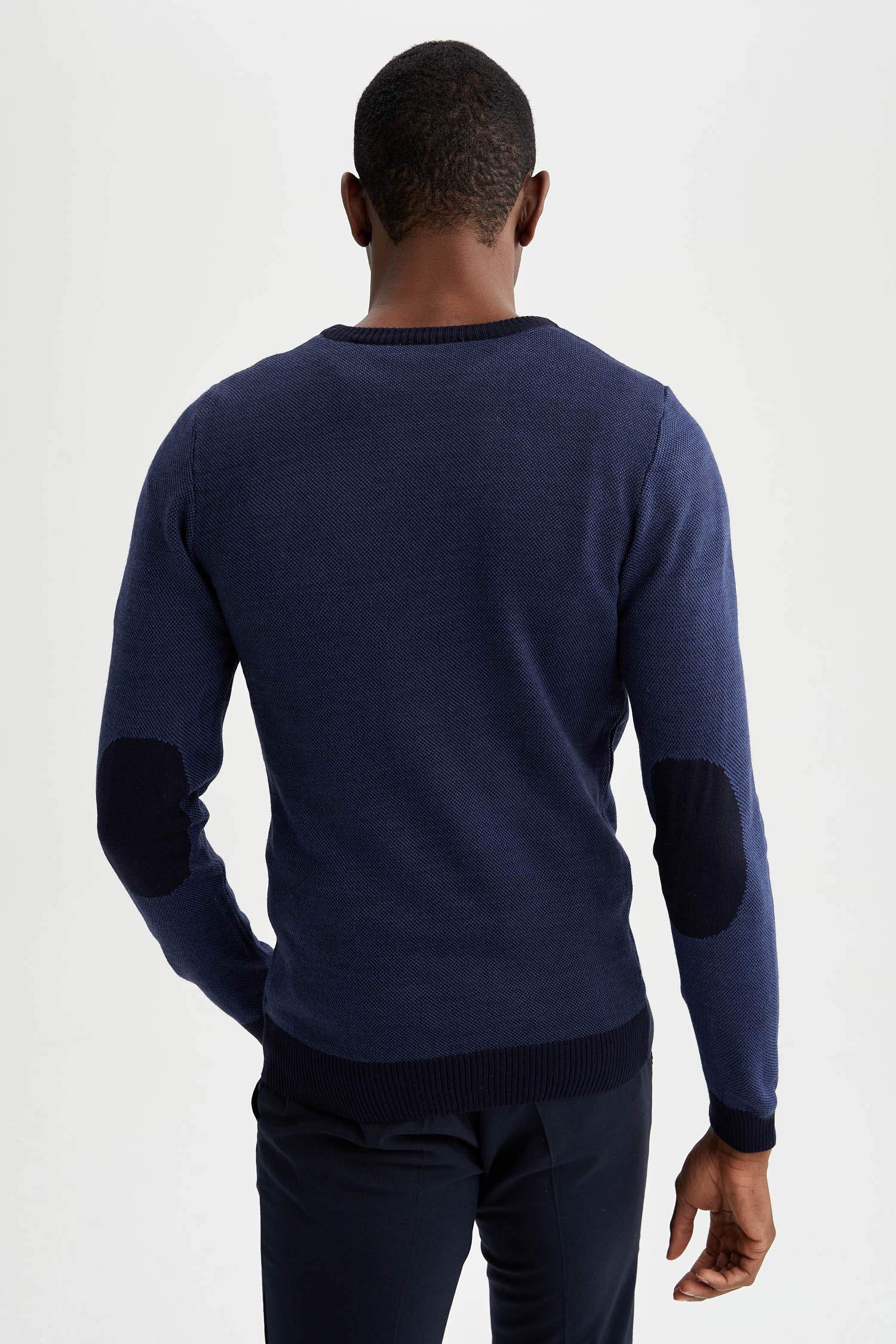Slim Fit Bisiklet Yaka Yamalı Kol Detaylı Triko Kazak