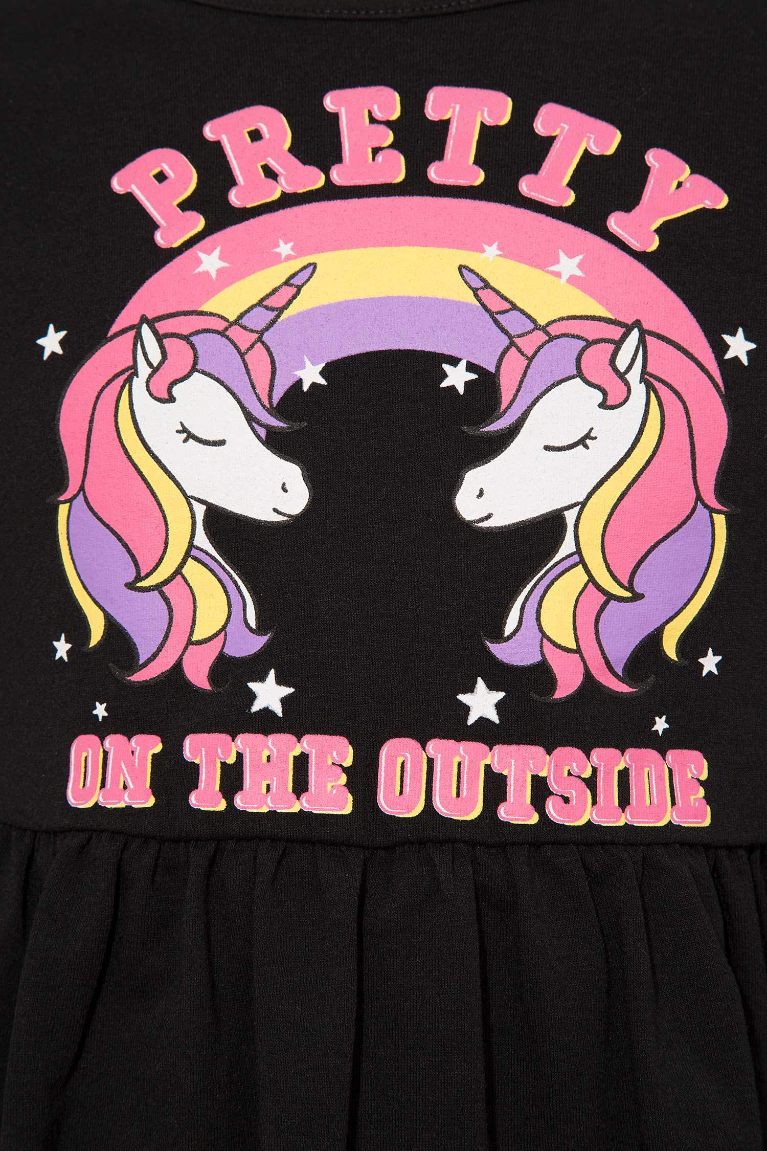 Kız Çocuk Unicorn ve Gökkuşağı Baskılı Elbise