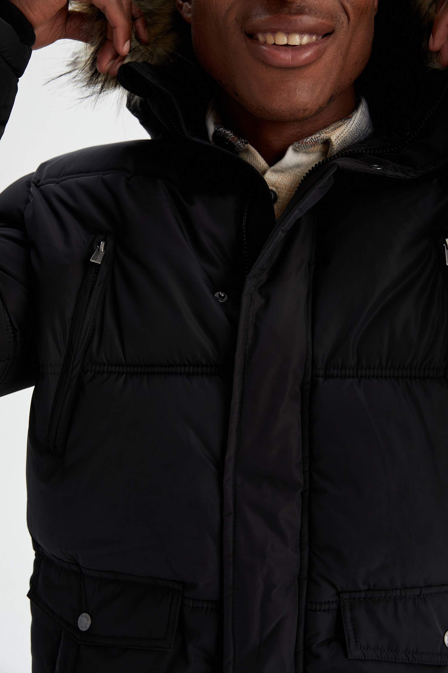 Peluş Kürklü Kapüşonlu Slim Fit Kalın Mont