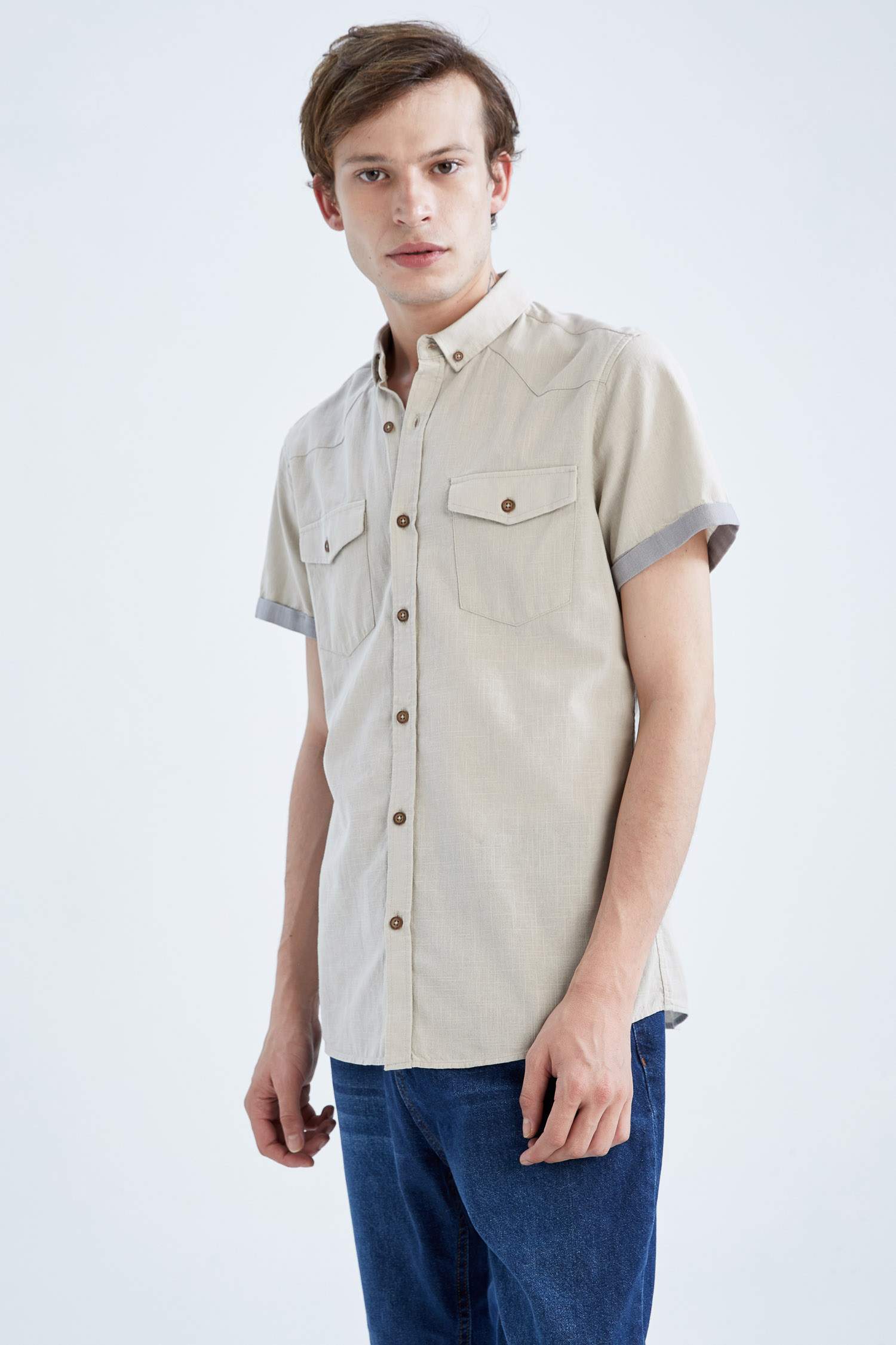 Slim Fit Polo Yaka Poplin Kısa Kollu Gömlek