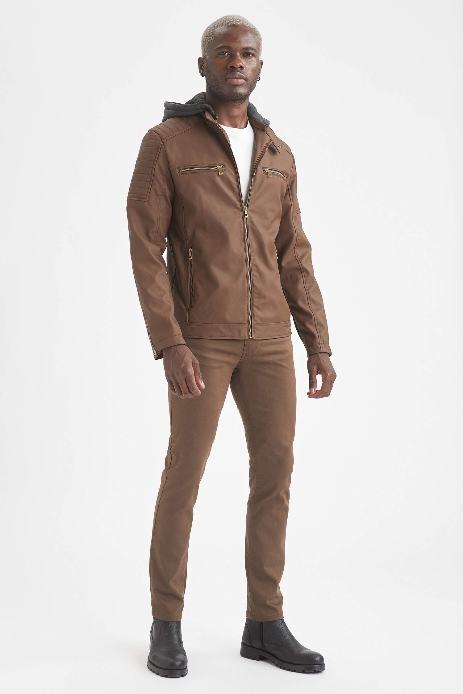 Slim Fit Kapüşonlu Suni Deri Mont