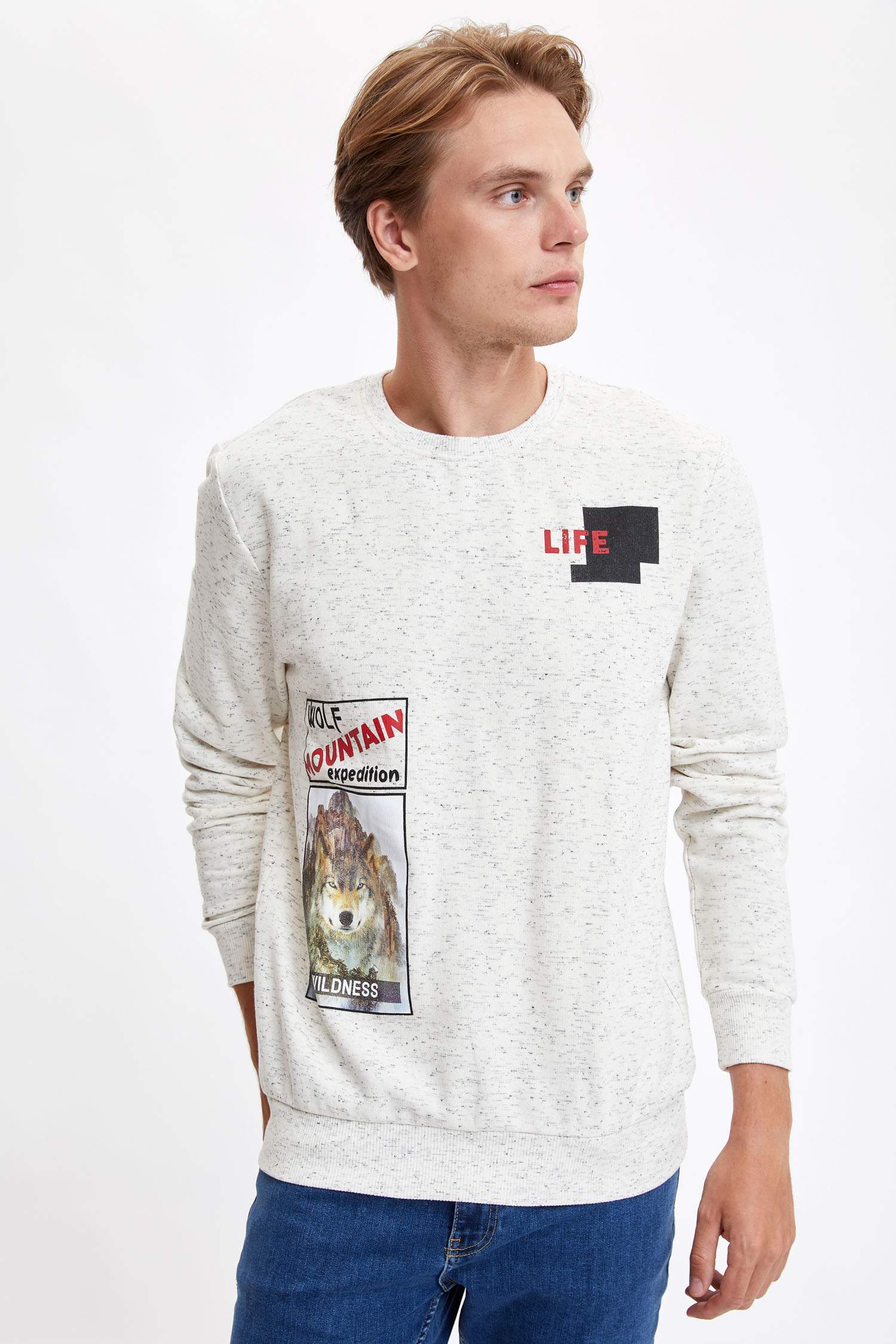 Slim Fit Bisiklet Yaka Hayvan Desenli Uzun Kollu Sweatshirt
