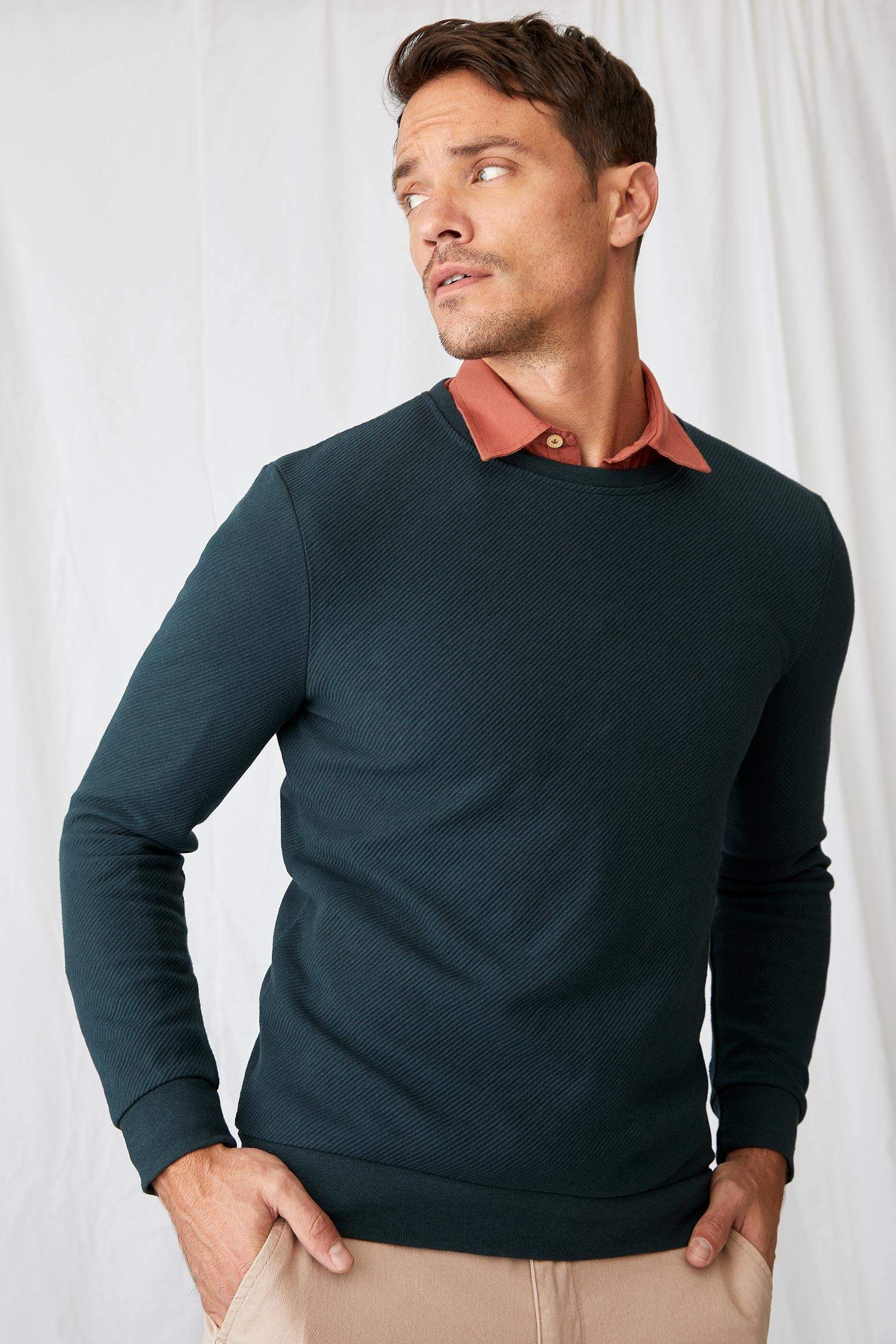 Slim Fit Bisiklet Yaka Cepsiz Pamuklu Uzun Kollu Sweatshirt
