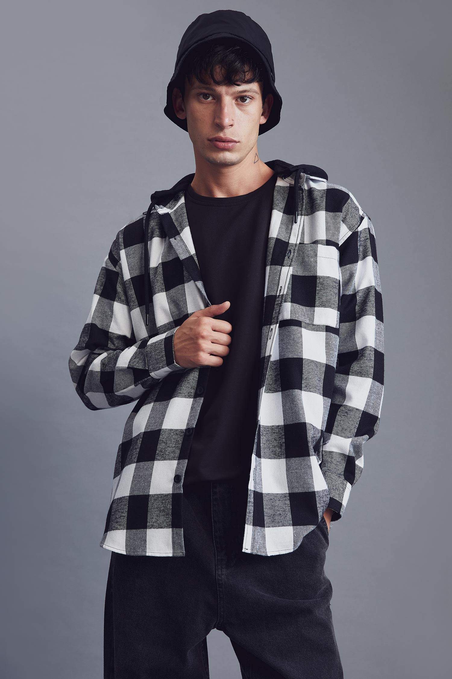 Regular Fit Kapüşonlu Ekose Desenli Uzun Kollu Oduncu Gömlek Ceket