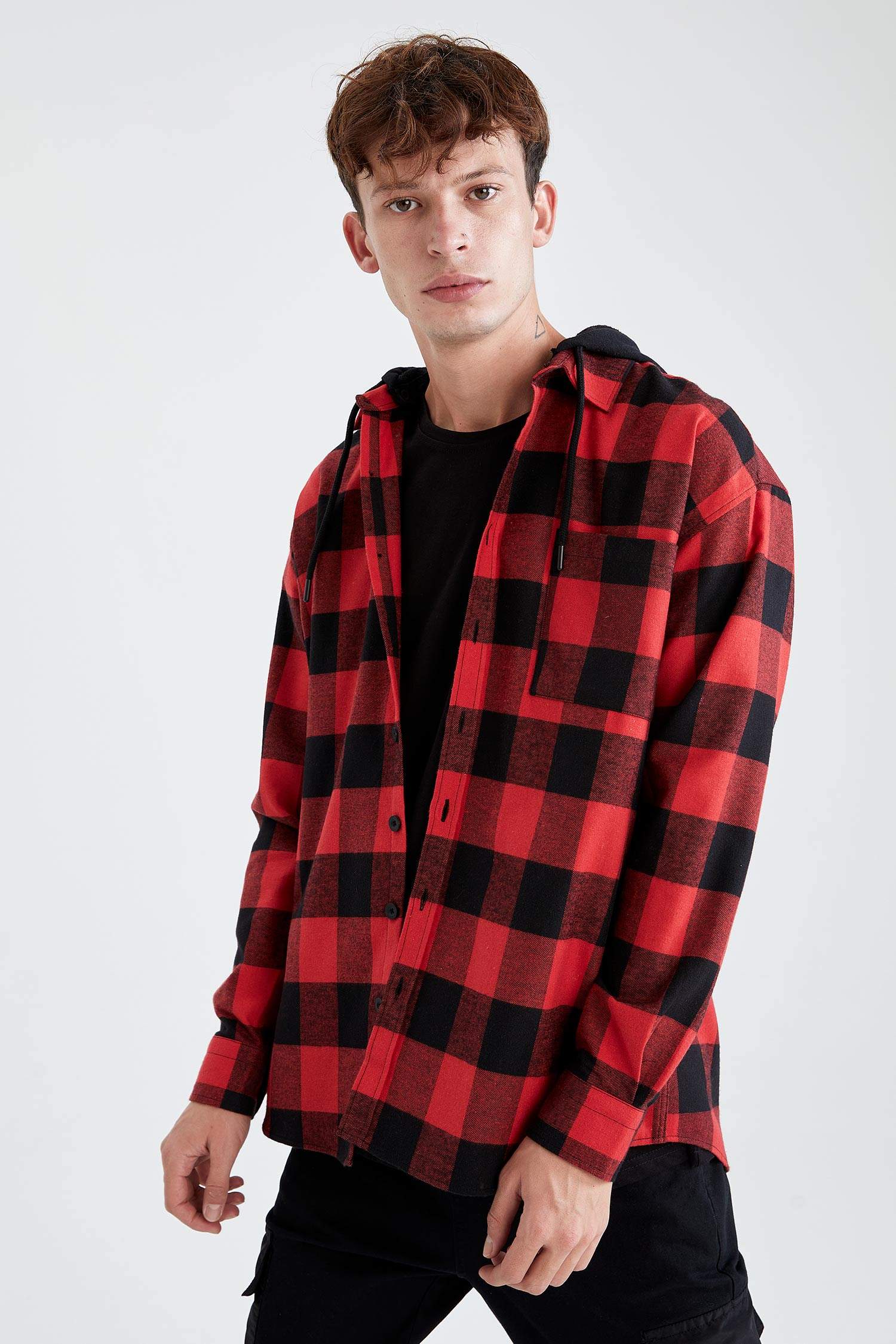 Regular Fit Kapüşonlu Ekose Desenli Uzun Kollu Oduncu Gömlek Ceket