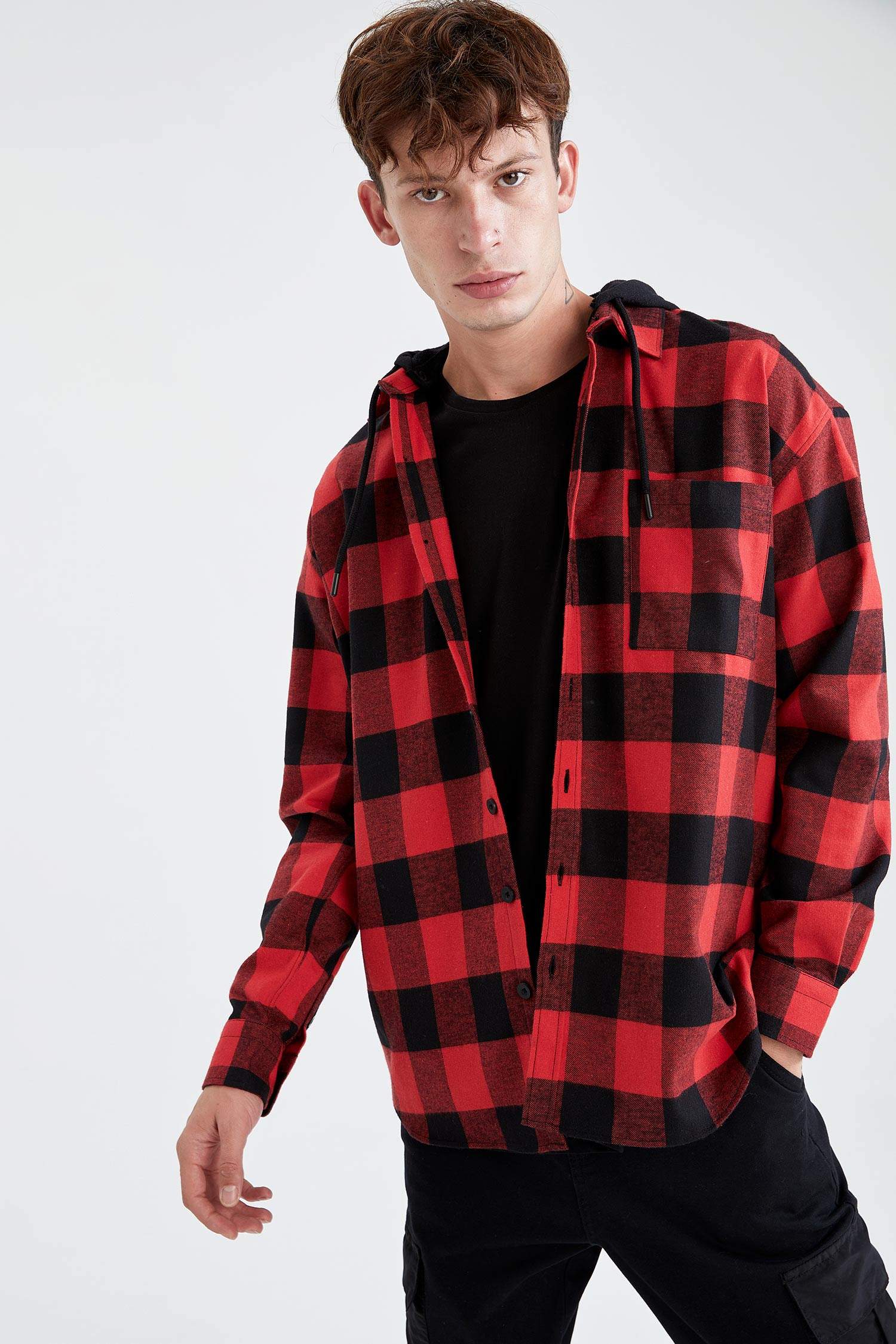 Regular Fit Kapüşonlu Ekose Desenli Uzun Kollu Oduncu Gömlek Ceket