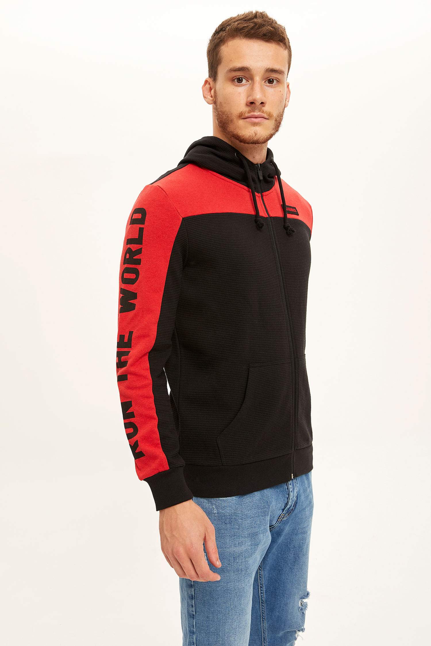 Baskılı Slim Fit Kapüşolu Fermuarlı Sweatshirt