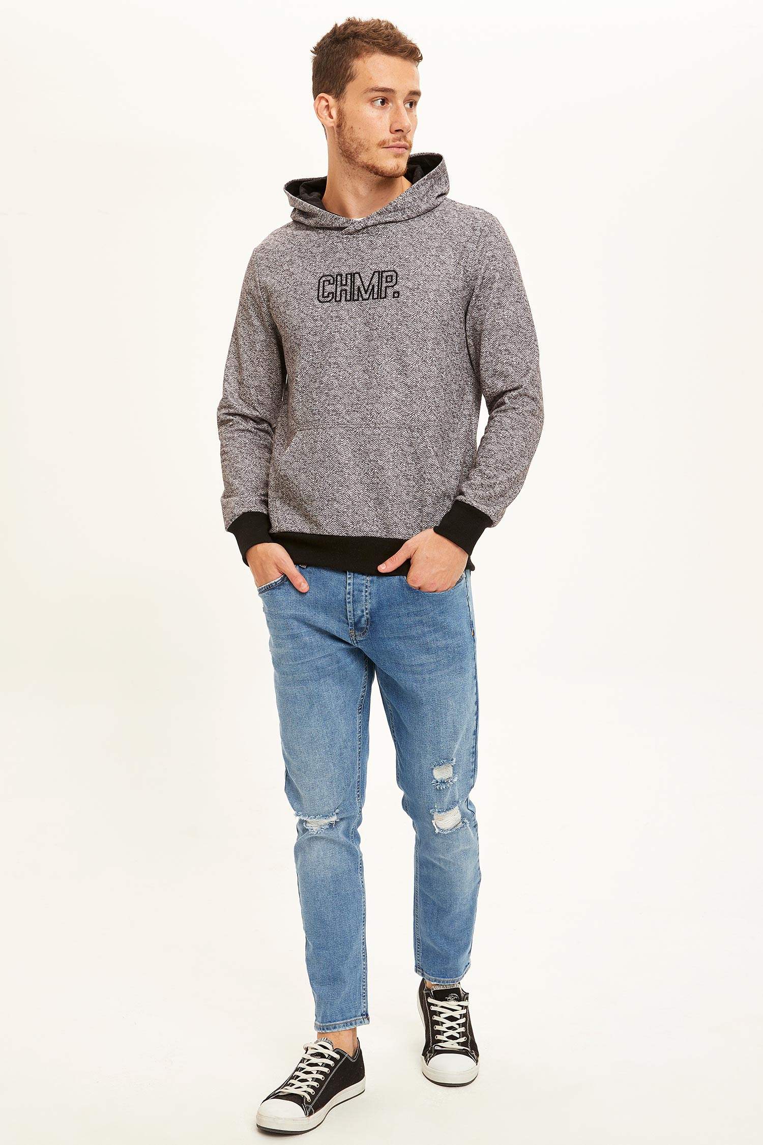 Slim Fit Kanguru Cepli Slogan Desenli Uzun Kollu İçi Yumuşak Tüylü Sweatshirt
