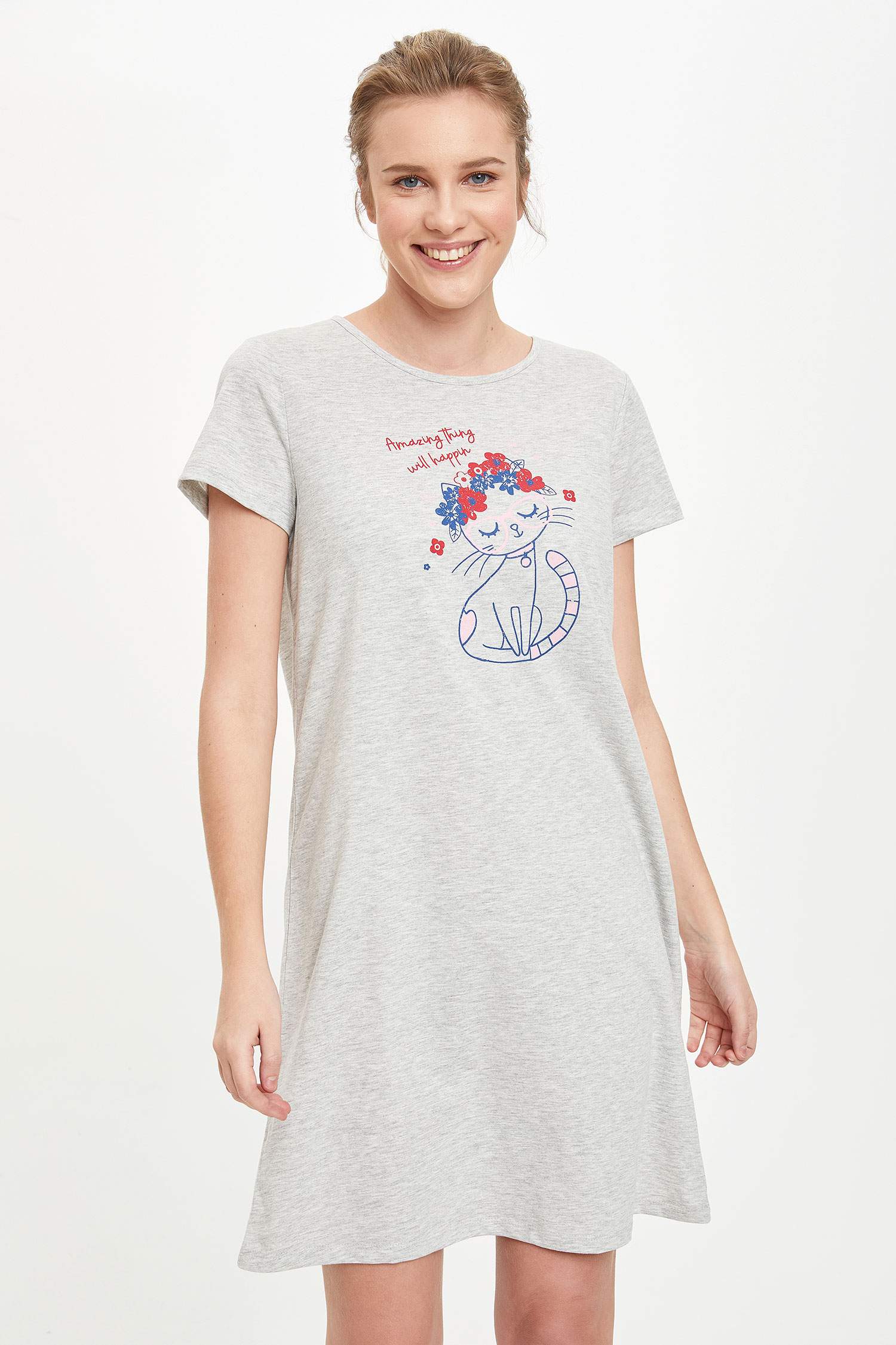 Fall In Love Relax Fit Bisiklet Yaka Hayvan Desenli Kısa Kollu Örme Elbise