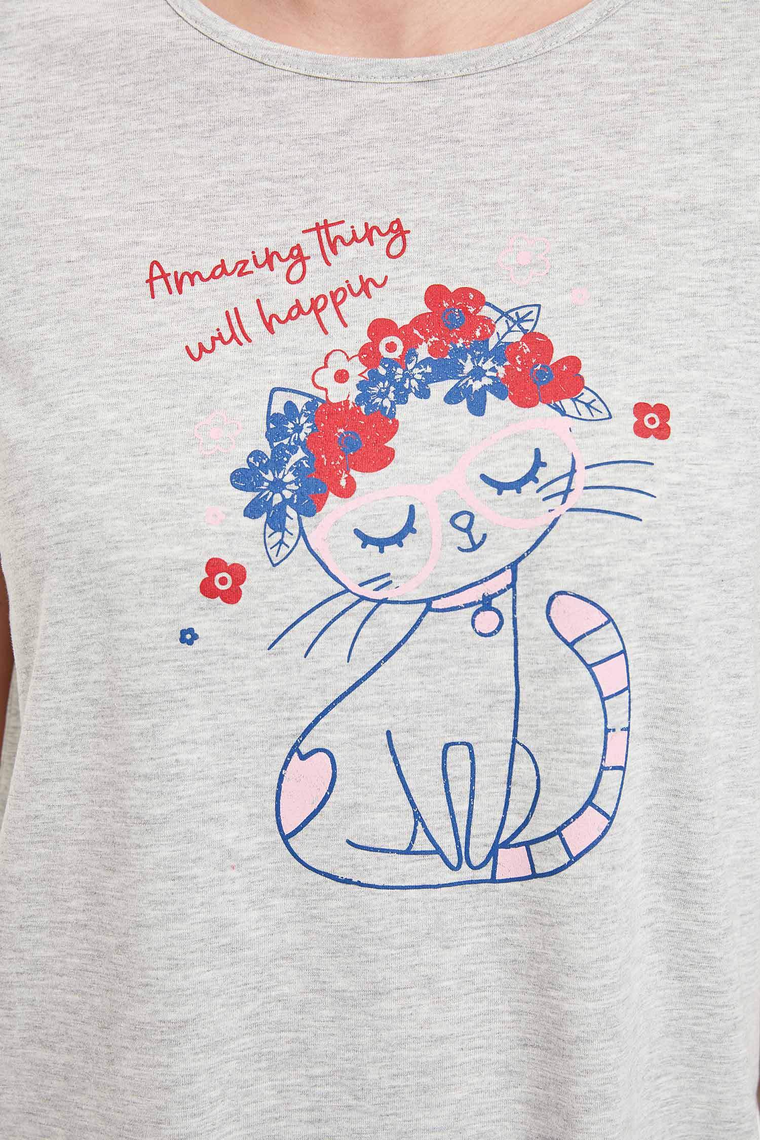 Fall In Love Relax Fit Bisiklet Yaka Hayvan Desenli Kısa Kollu Örme Elbise