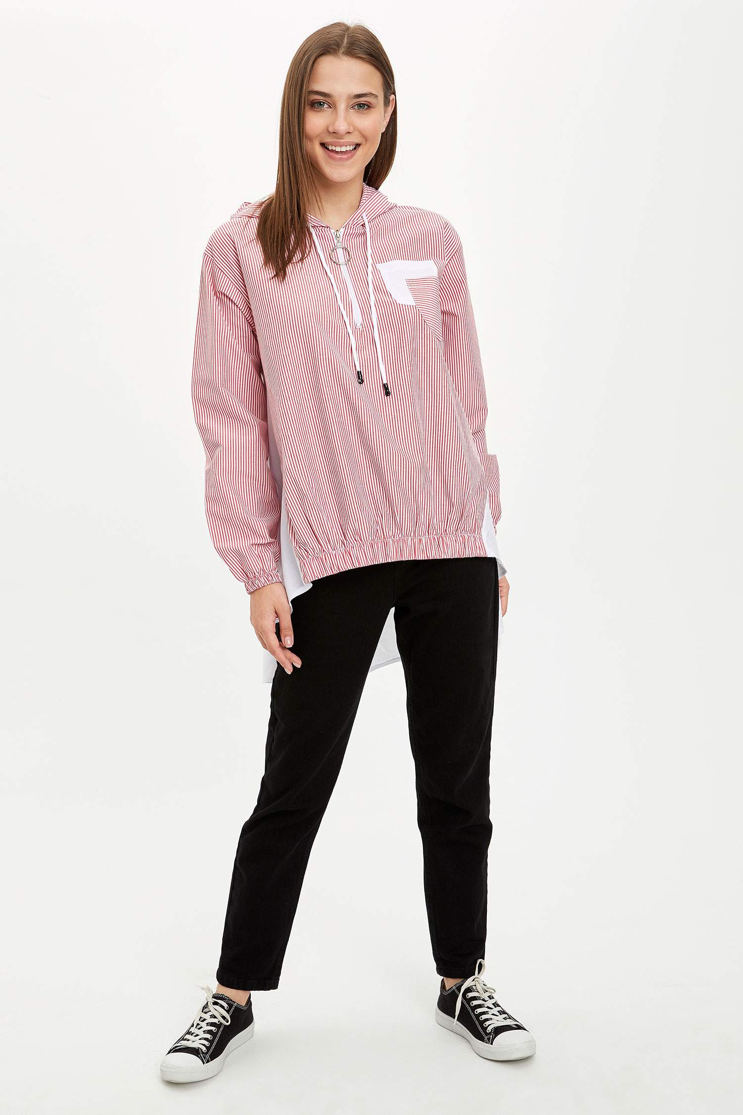 Regular Fit Çizgili Uzun Kollu Uzun Kollu Dokuma Tunik
