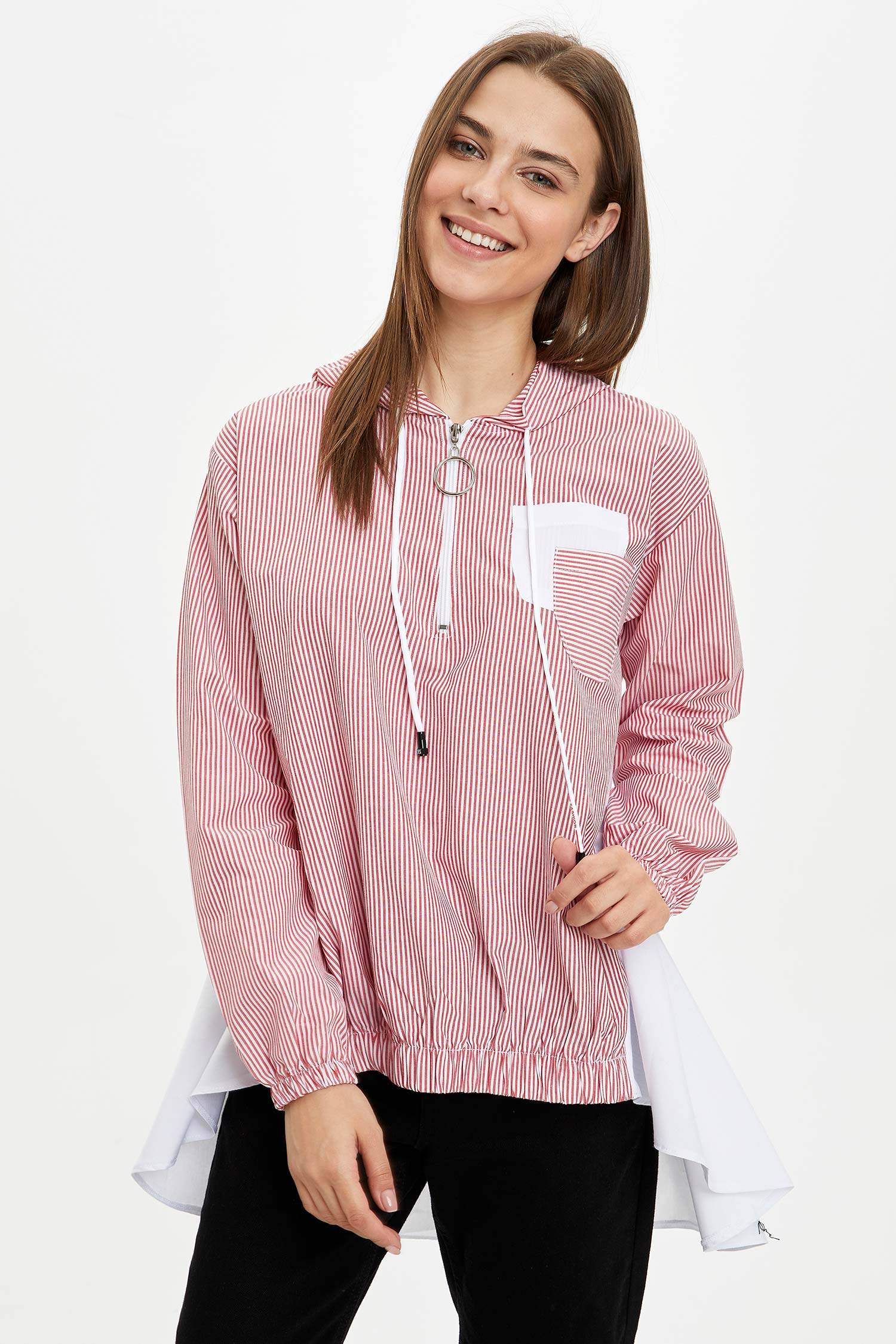 Regular Fit Çizgili Uzun Kollu Uzun Kollu Dokuma Tunik