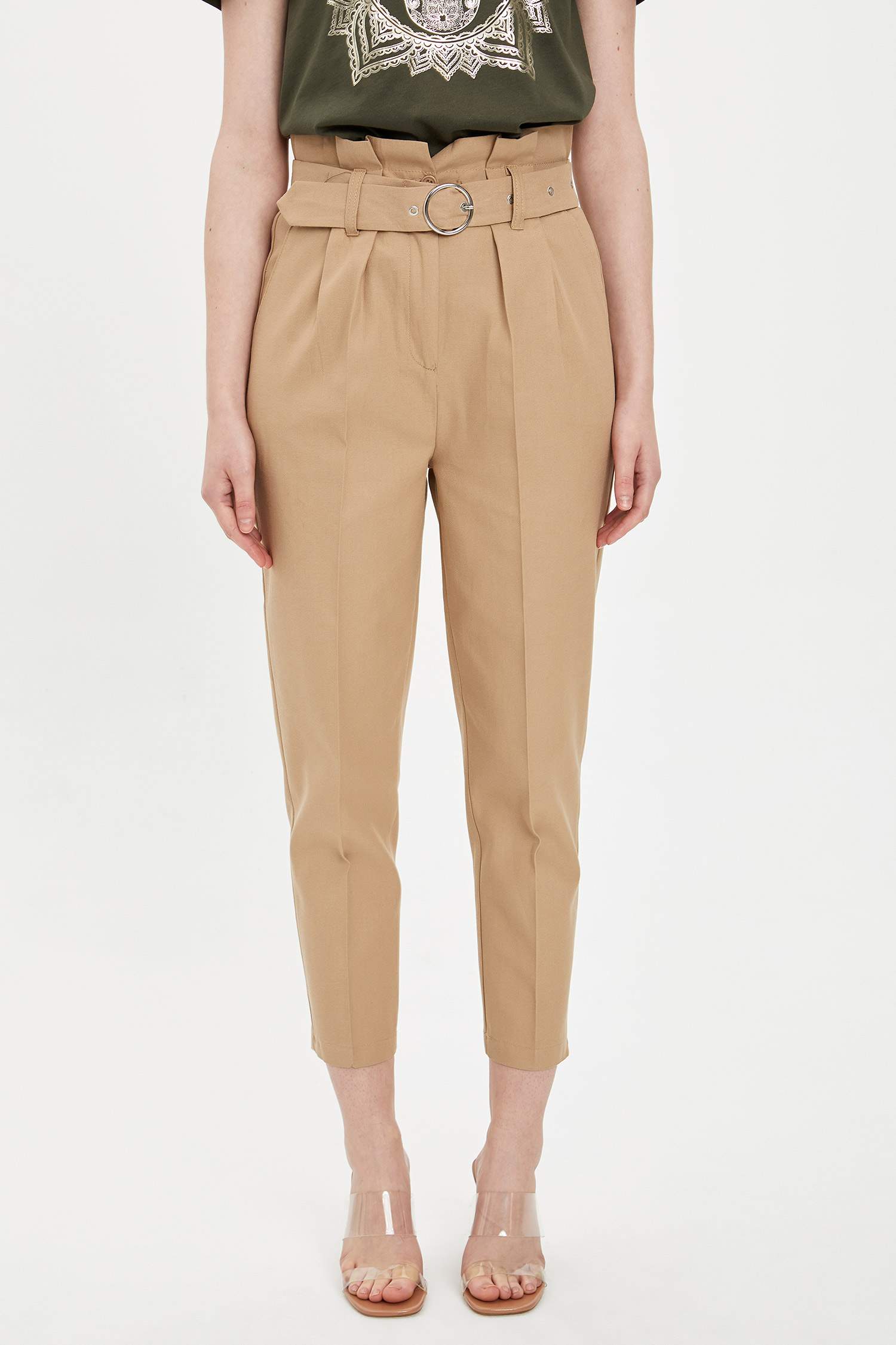 Baggy Fit Yüksek Bel Dokuma Pantolon