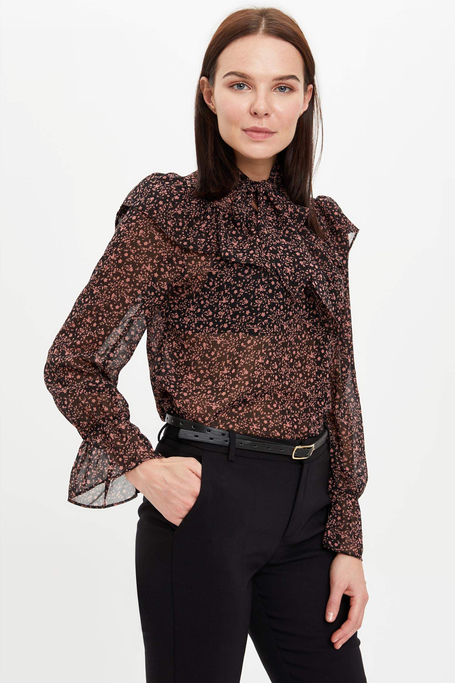 Regular Fit Floral Uzun Kollu Polyester Uzun Kollu Dokuma Tunik