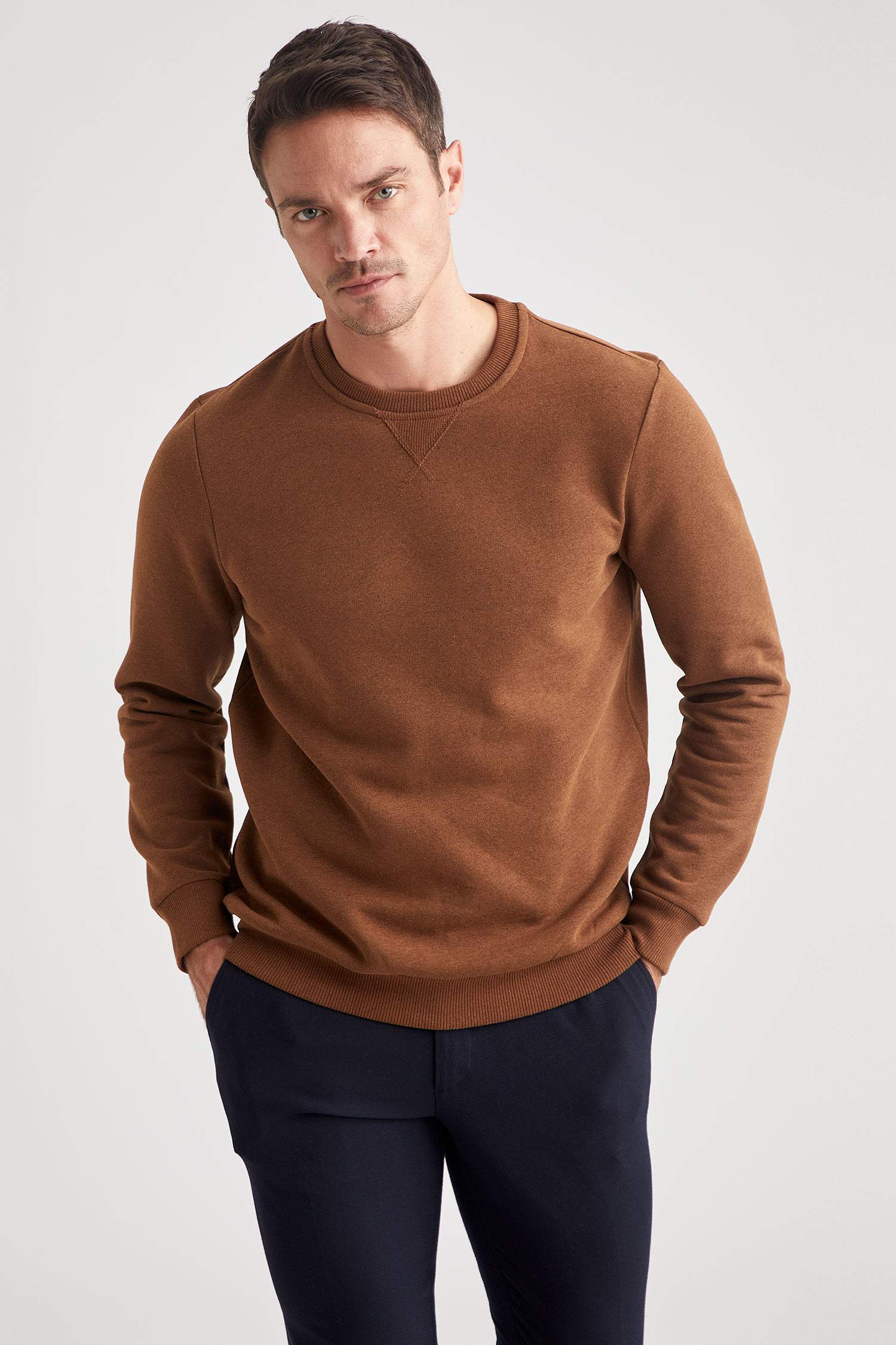 Regular Fit Bisiklet Yaka Basic Pamuklu Sweatshirt