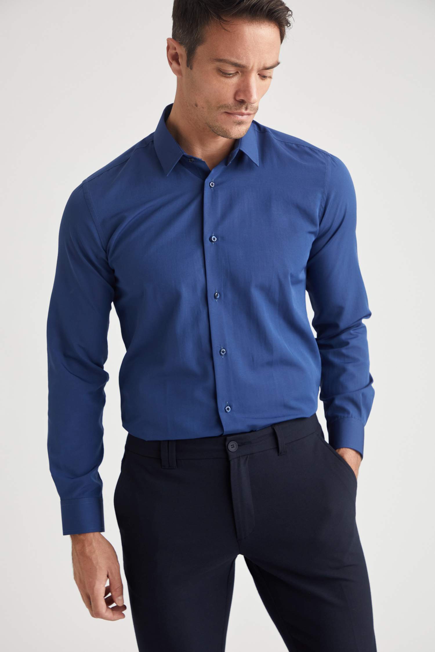 Slim Fit Polo Yaka Poplin Uzun Kollu Klasik Gömlek