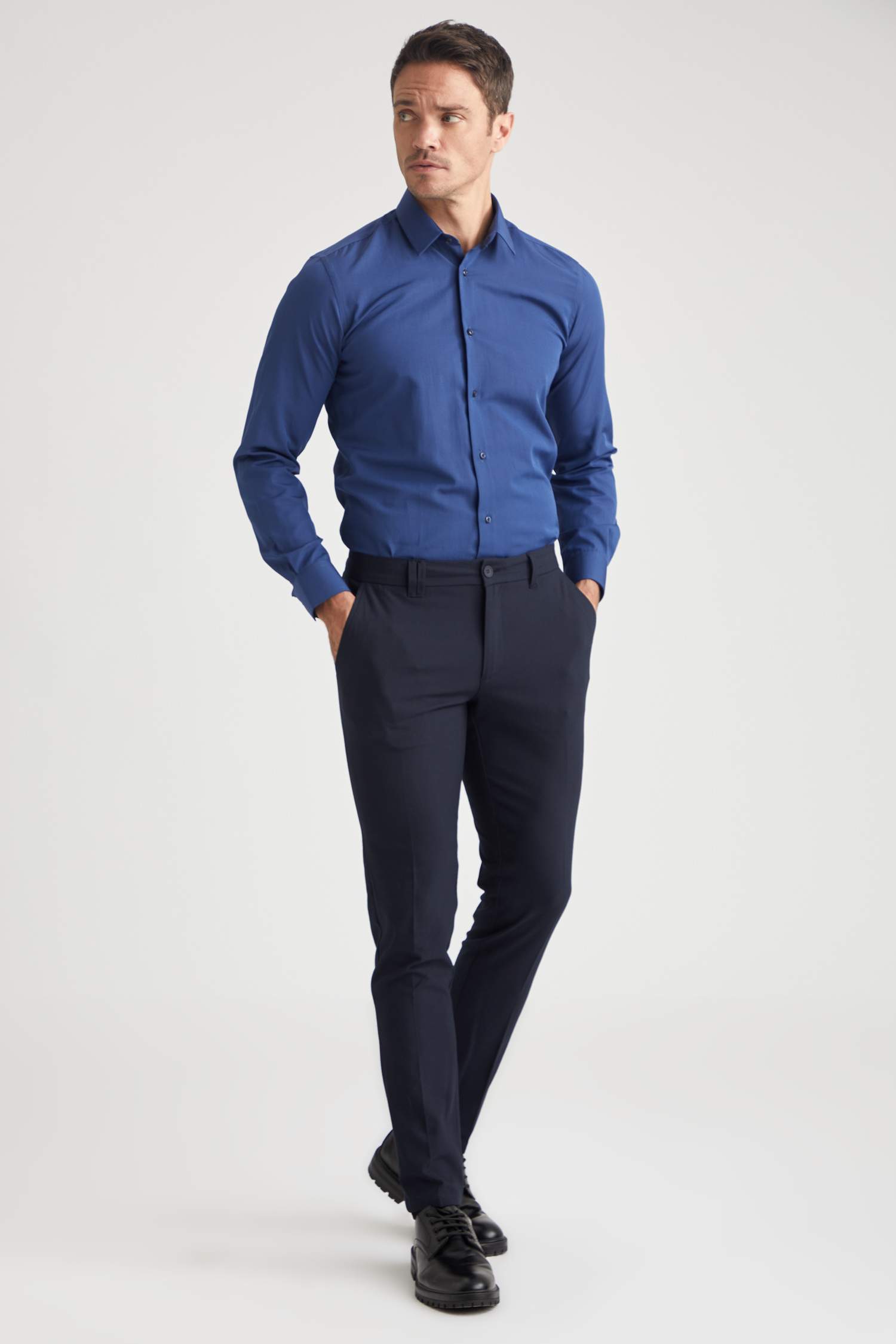 Slim Fit Polo Yaka Poplin Uzun Kollu Klasik Gömlek