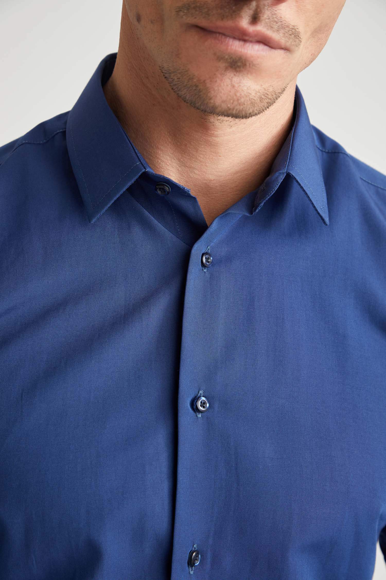 Slim Fit Polo Yaka Poplin Uzun Kollu Klasik Gömlek