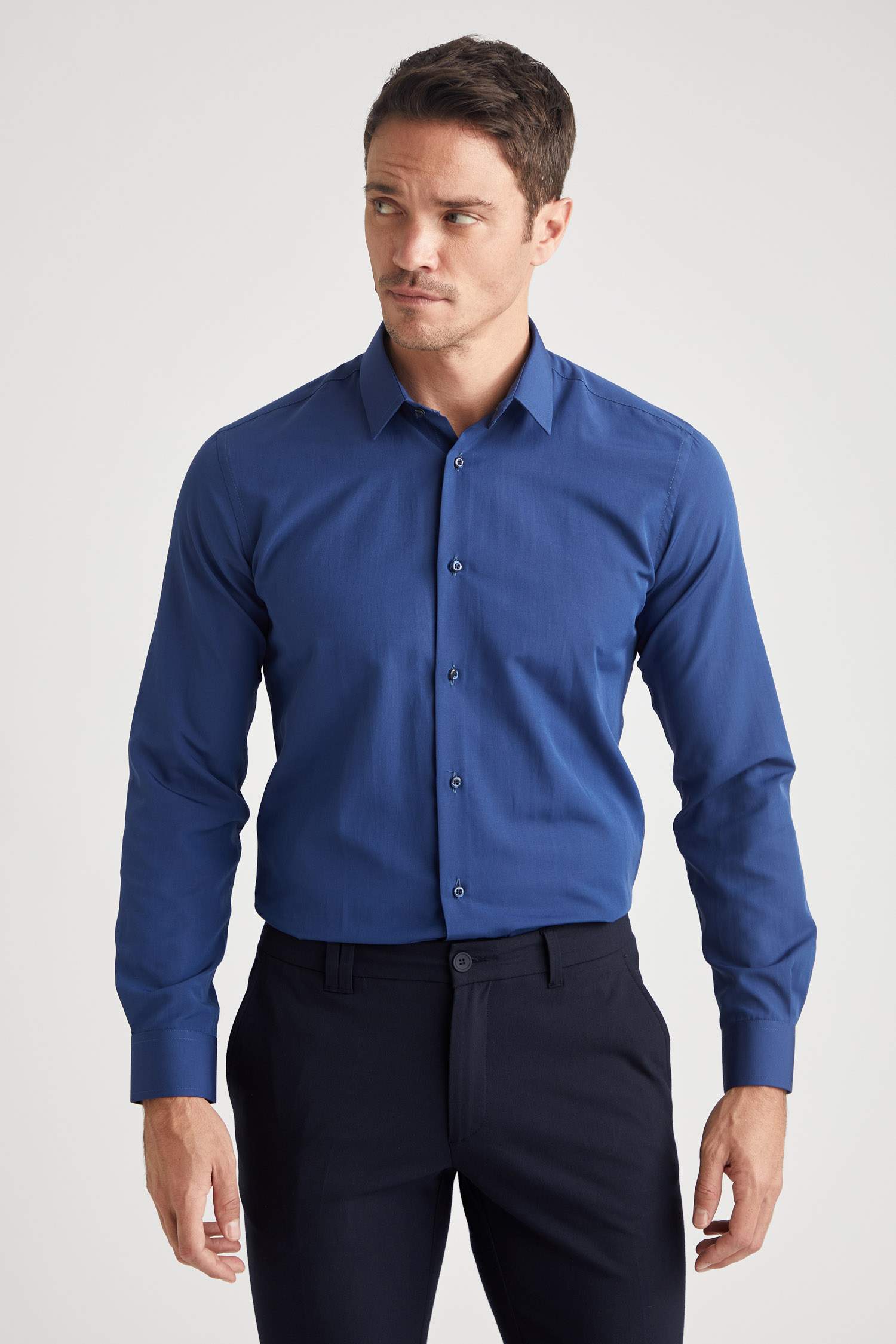 Slim Fit Polo Yaka Poplin Uzun Kollu Klasik Gömlek